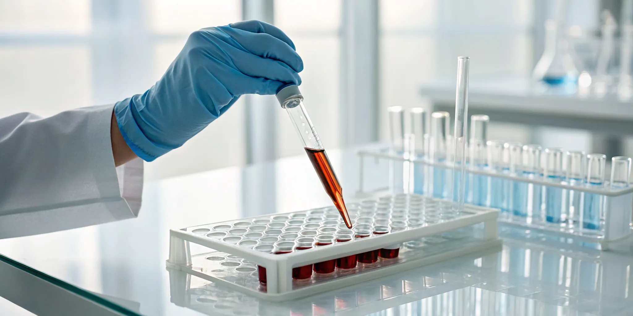A gloved hand holds a test tube with a blood sample for functional lab testing.