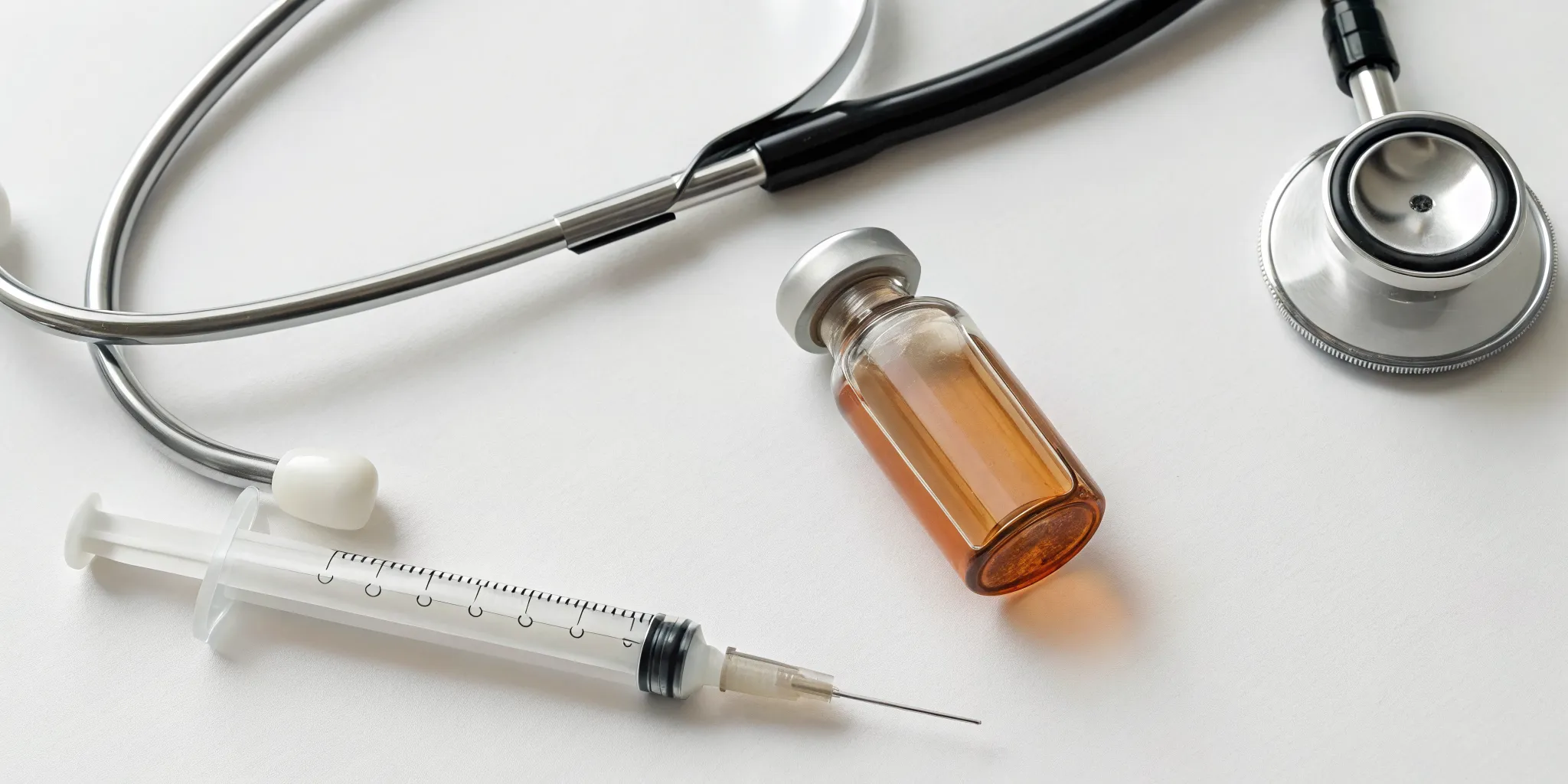 Testosterone therapy (TRT) treatment with a syringe, vial, and stethoscope.