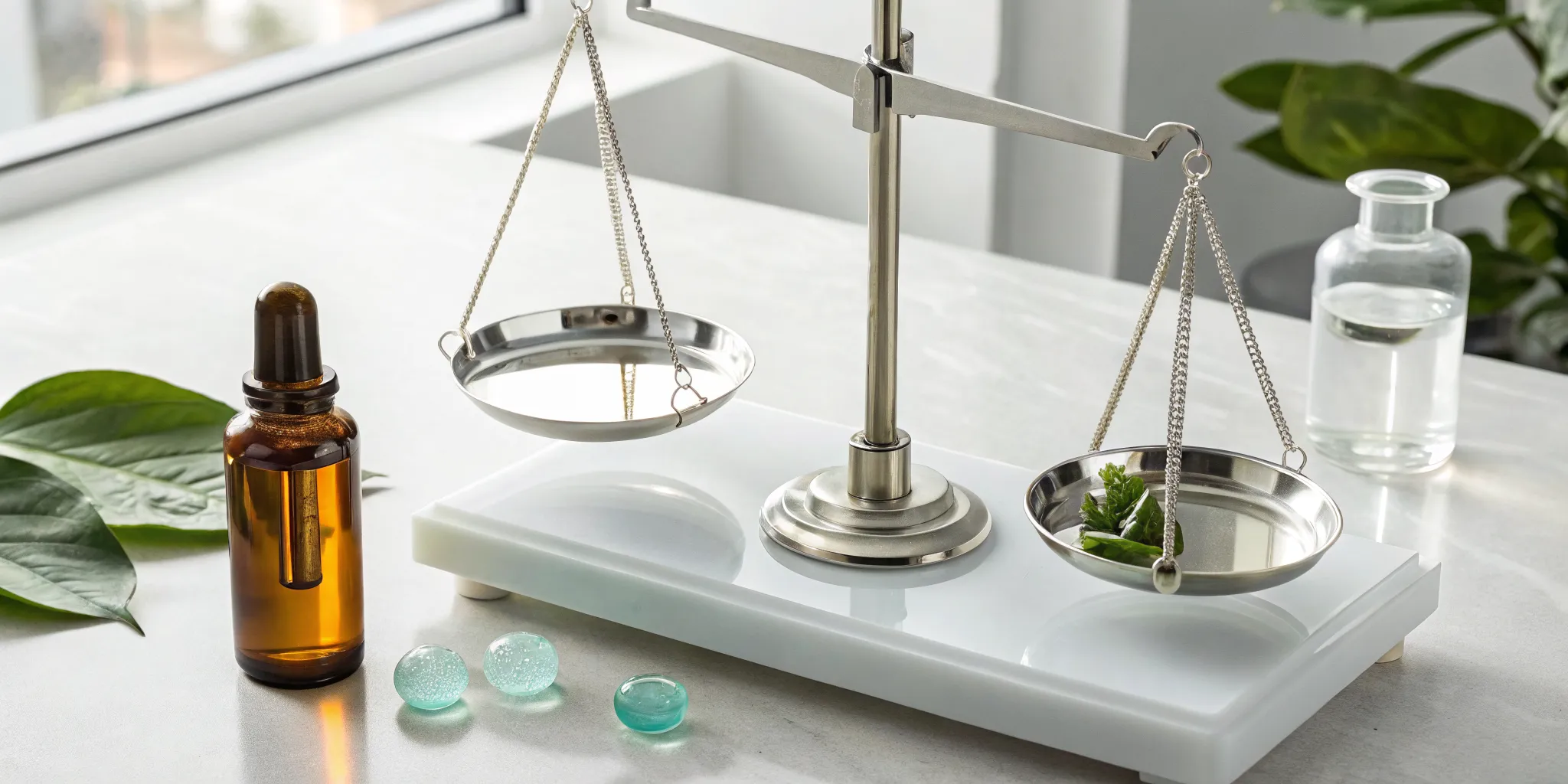 A scale balancing plant leaves and a dropper bottle of bioidentical hormones.