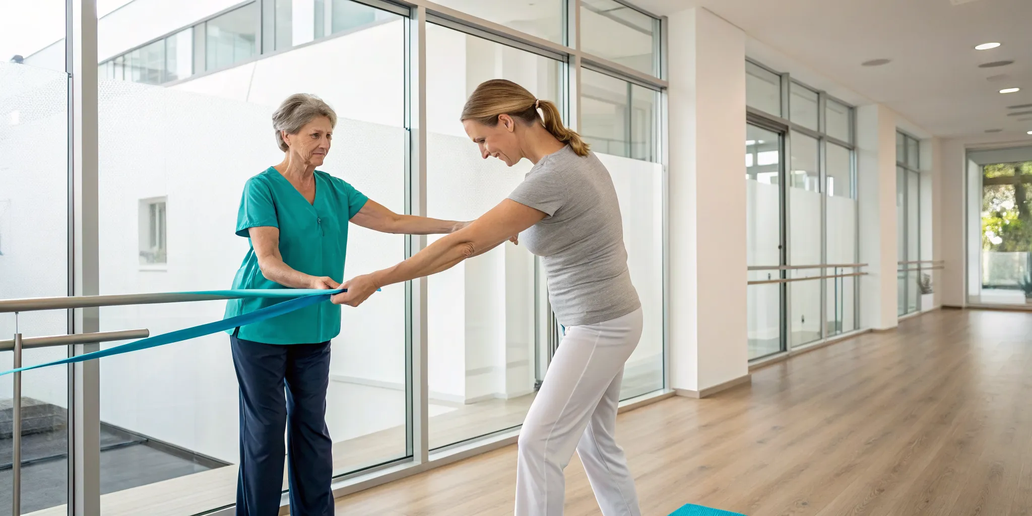 Therapist assists patient with neuromuscular reeducation using a resistance band.