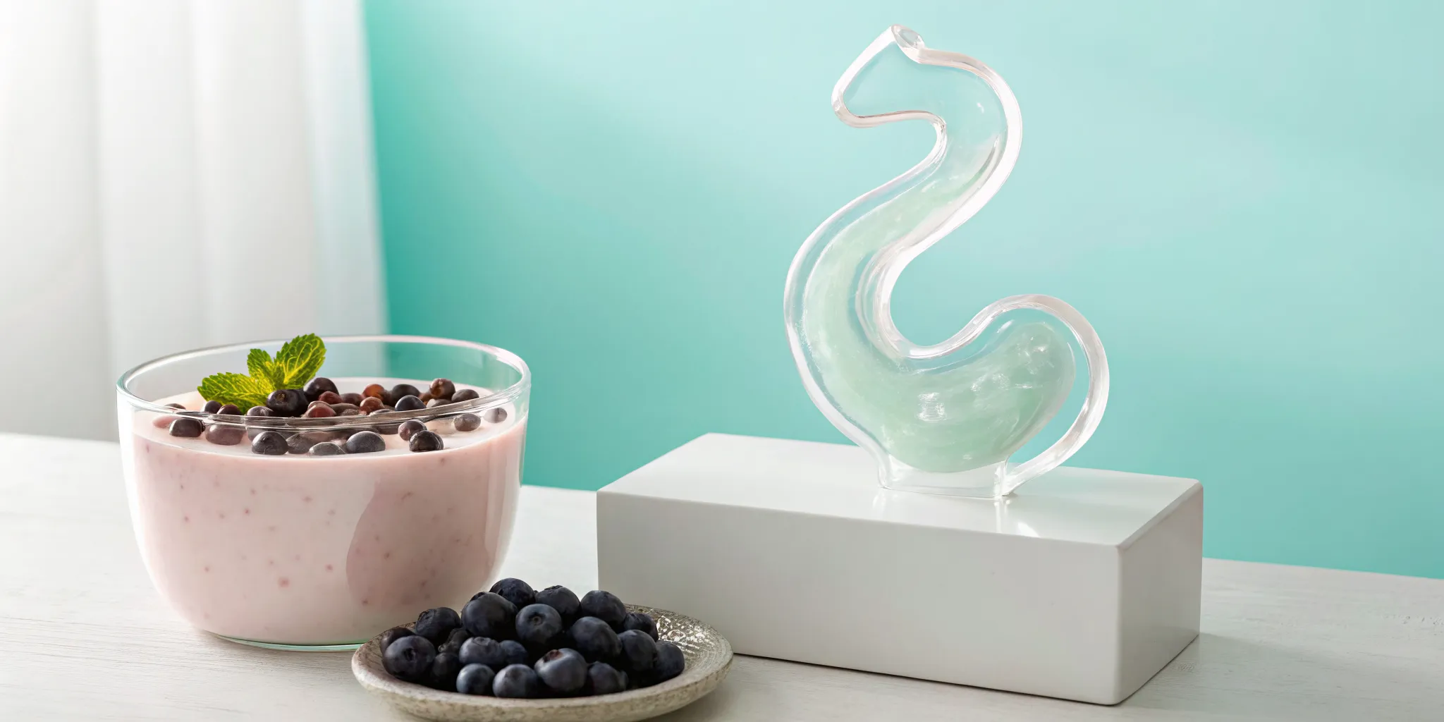 A glass stomach model with a bowl of yogurt and blueberries to support digestive health.