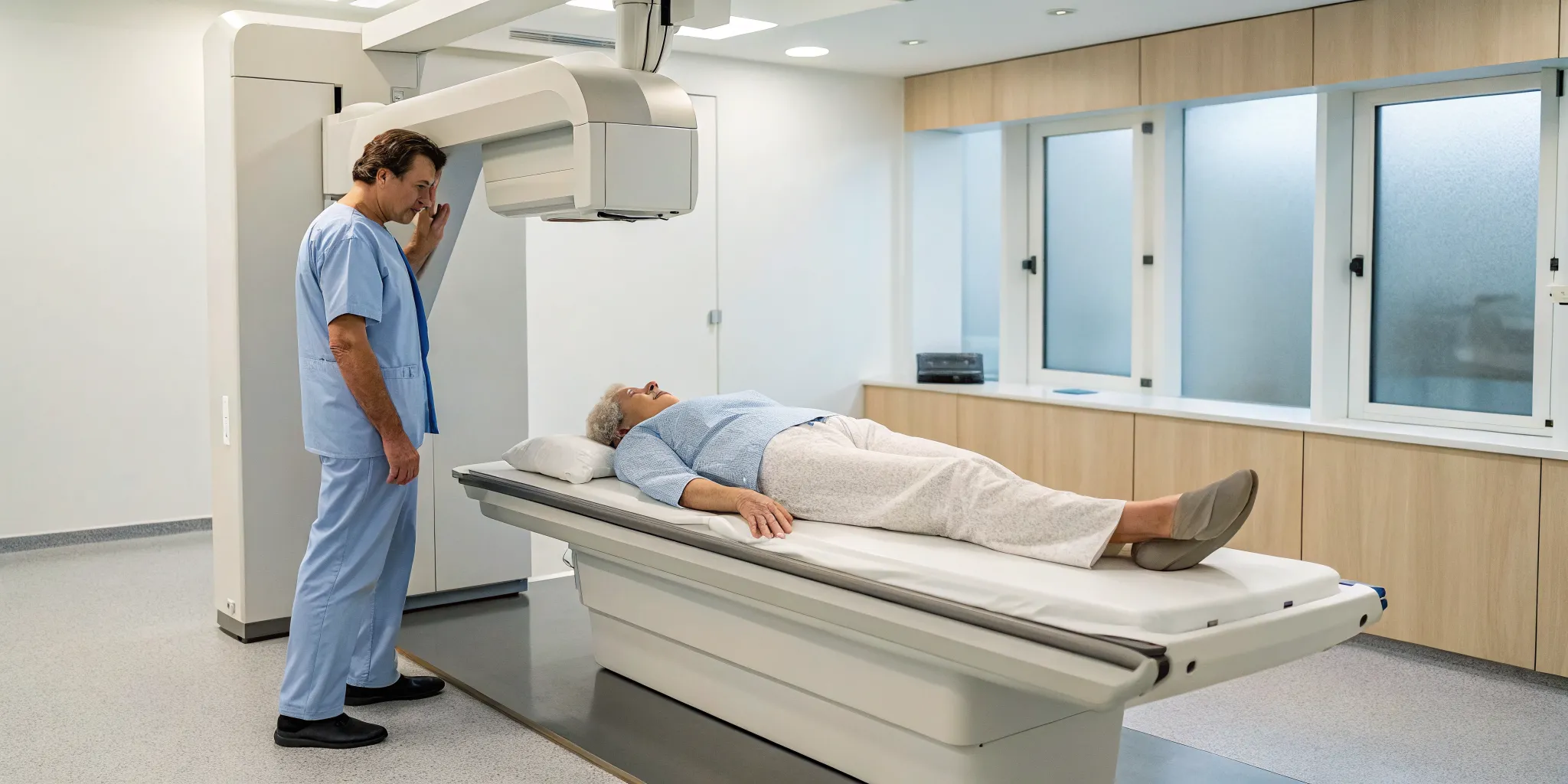 A technician guides a patient through a bone density test at the clinic.