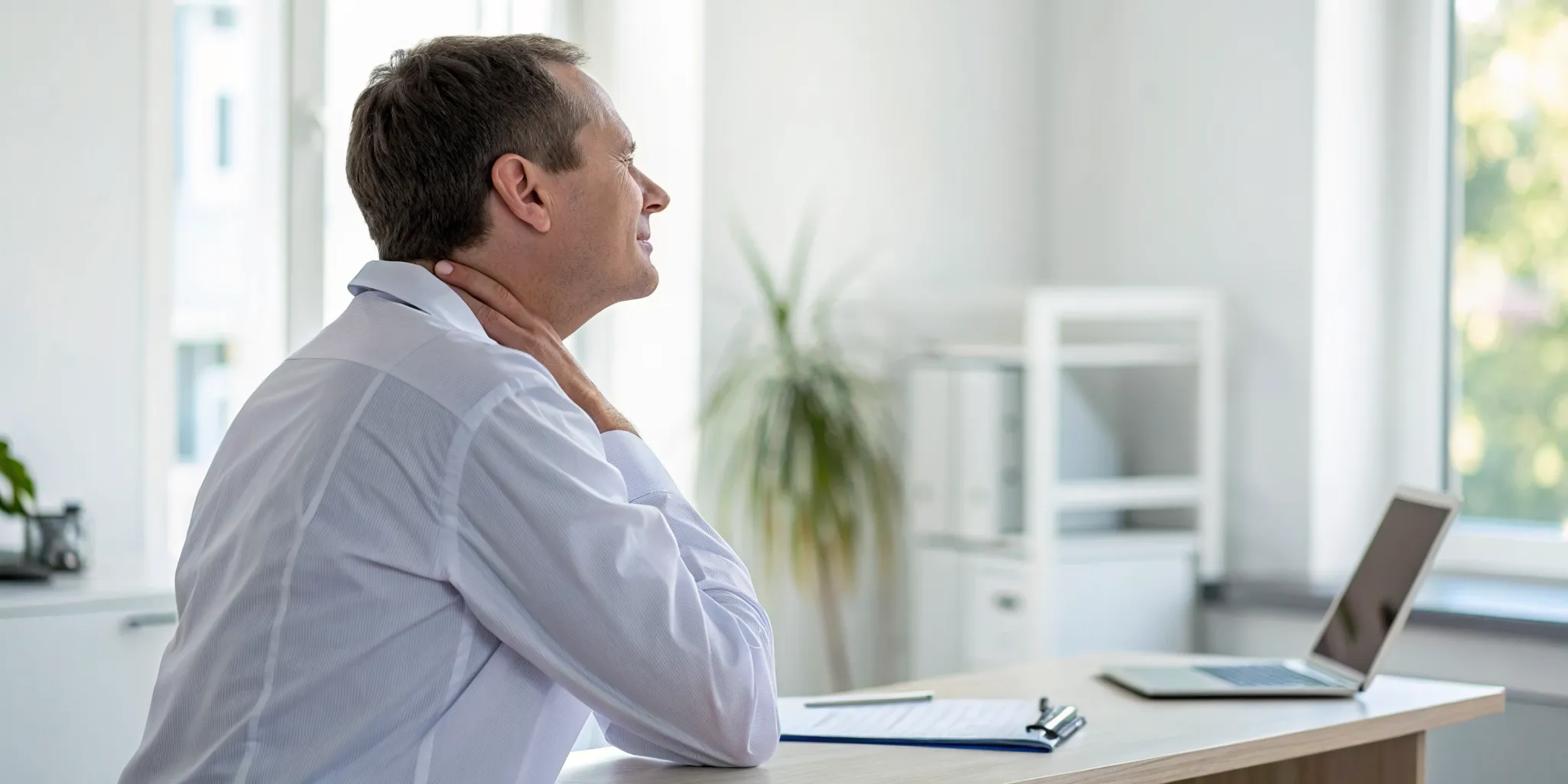 Man with neck pain starting his whiplash recovery.