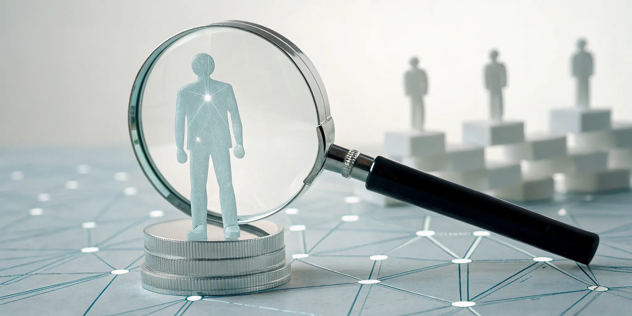 A magnifying glass over a person performing a root cause analysis to find health answers.