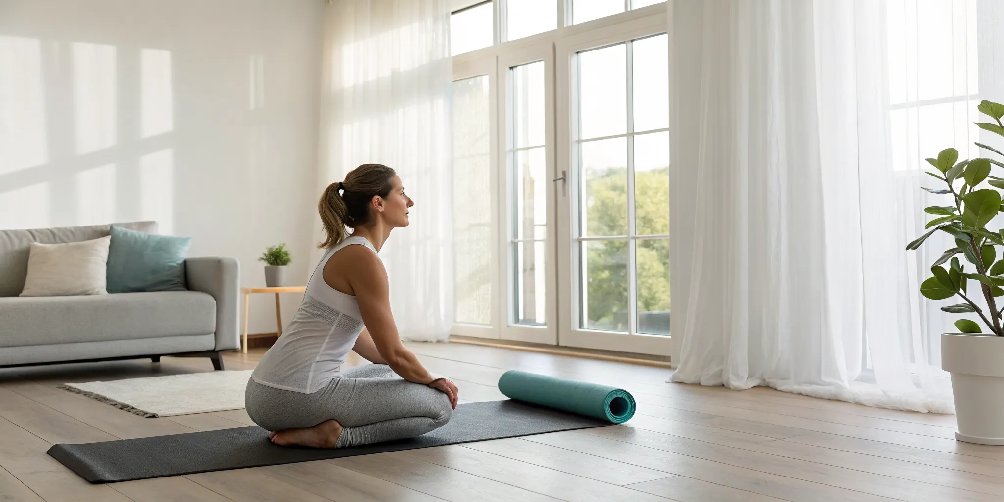 Woman doing a gentle stretch on a yoga mat for at-home sciatica relief.