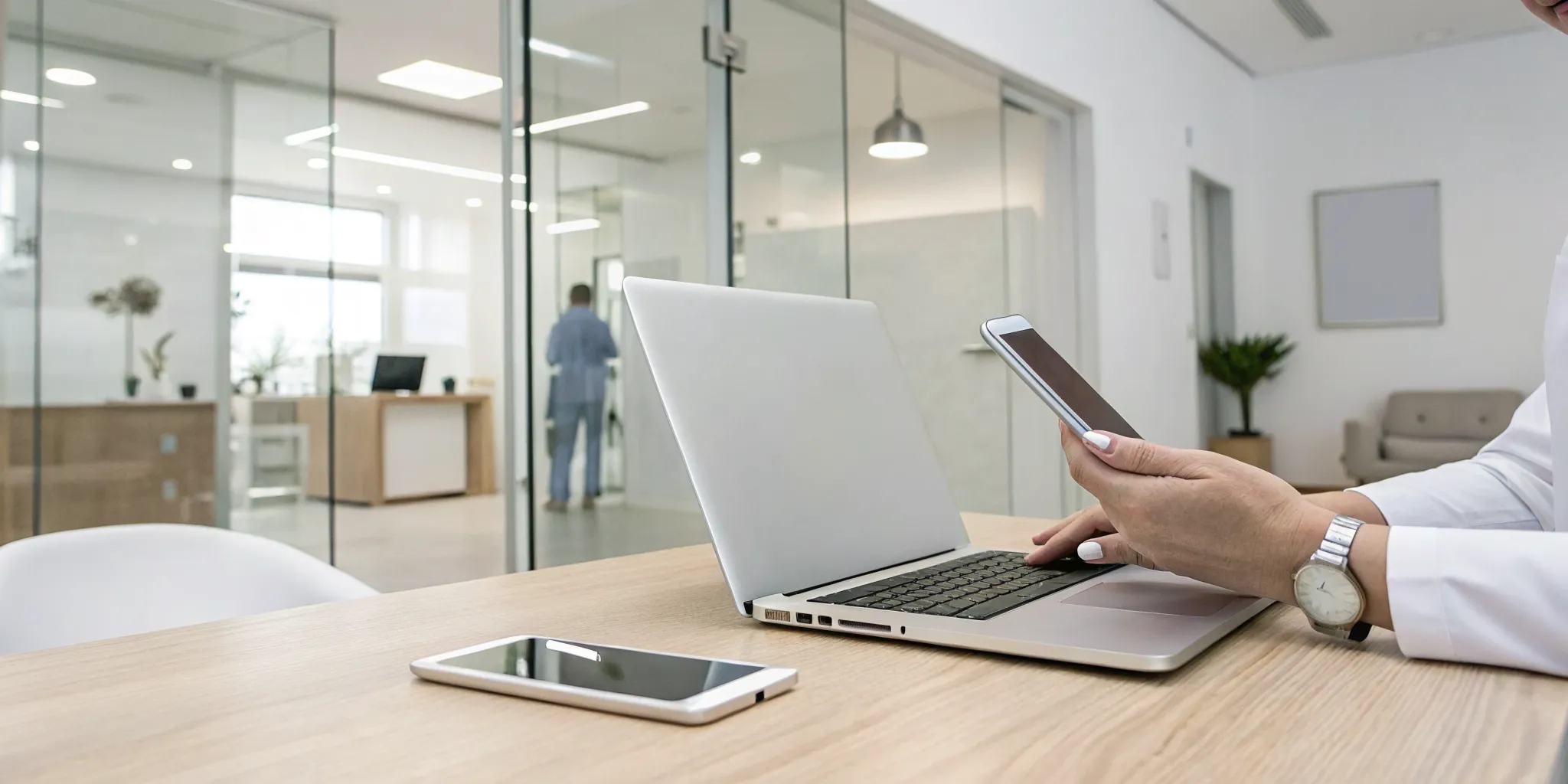 Person at a medical clinic using a laptop to book a DEXA scan.