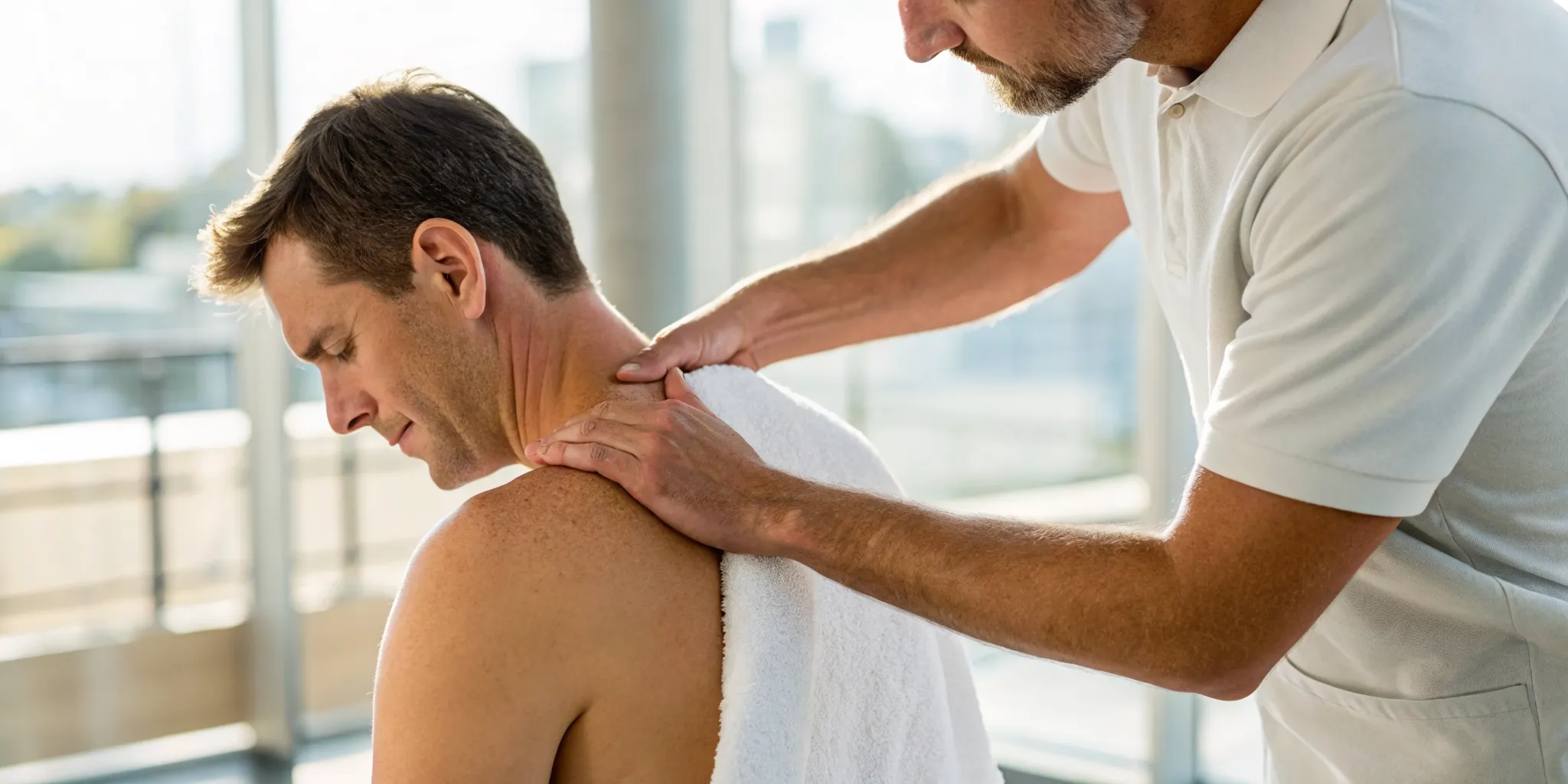 Myofascial release therapy targeting a trigger point on a person's shoulder and neck.