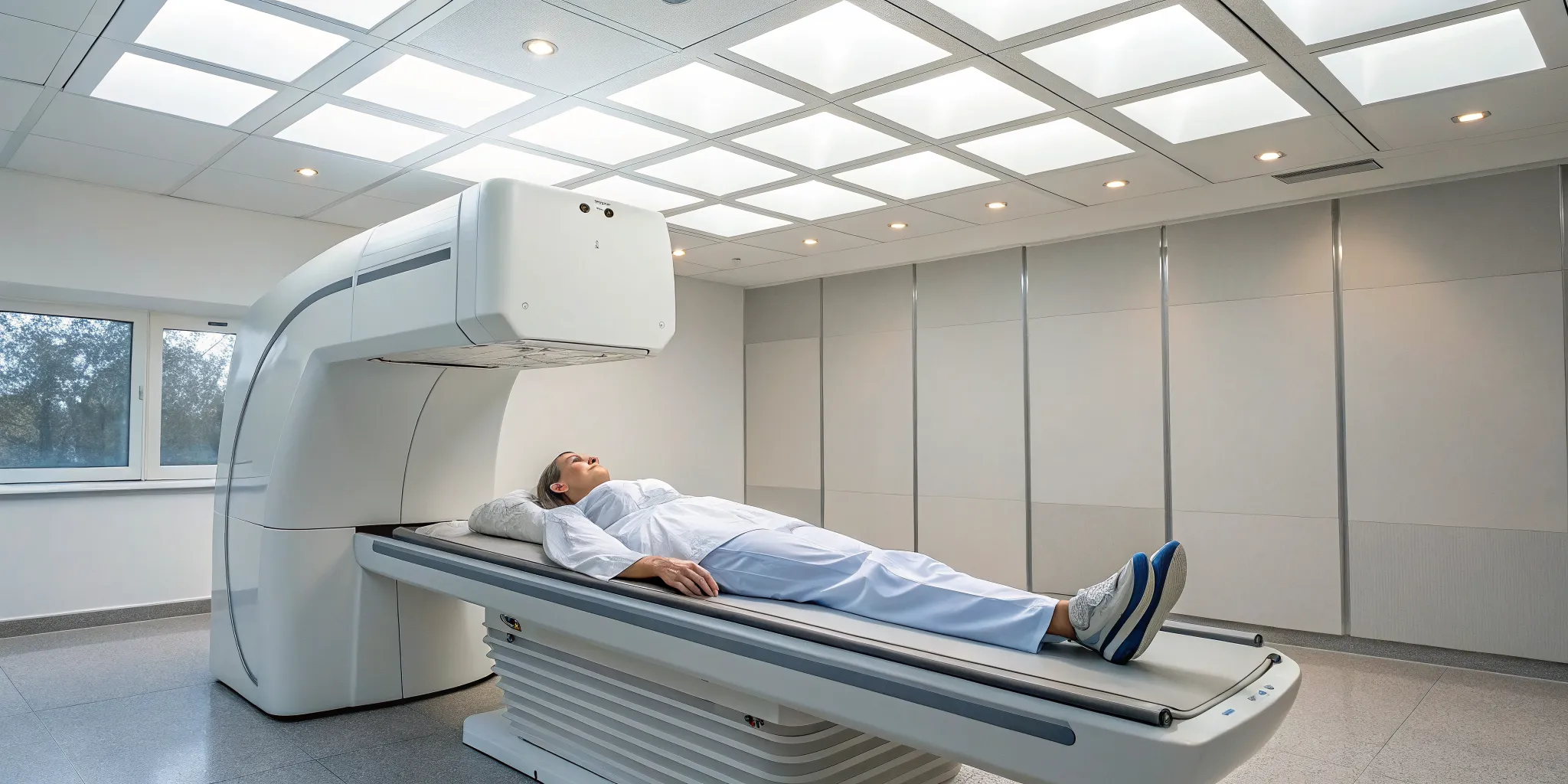 Patient undergoing a bone density screening with a DEXA scan machine.
