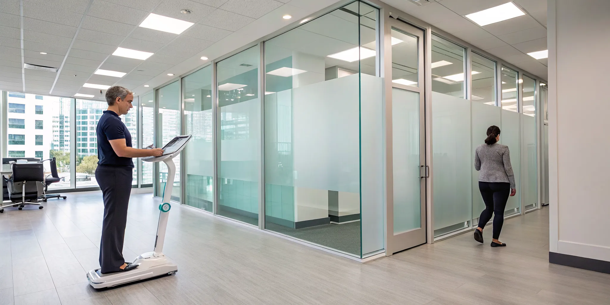 Man standing on a scale for a body composition test.