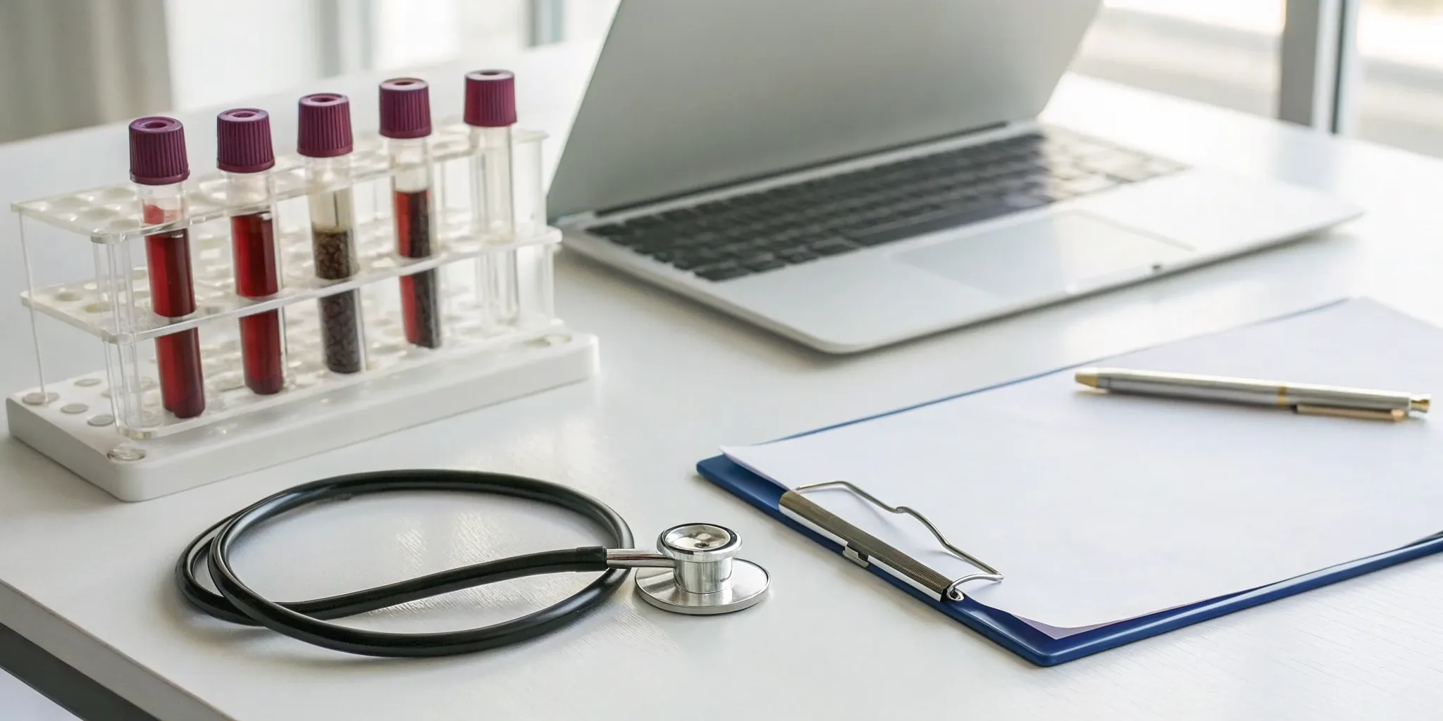 A doctor's desk with blood vials and a clipboard to check insurance coverage for hormone testing.