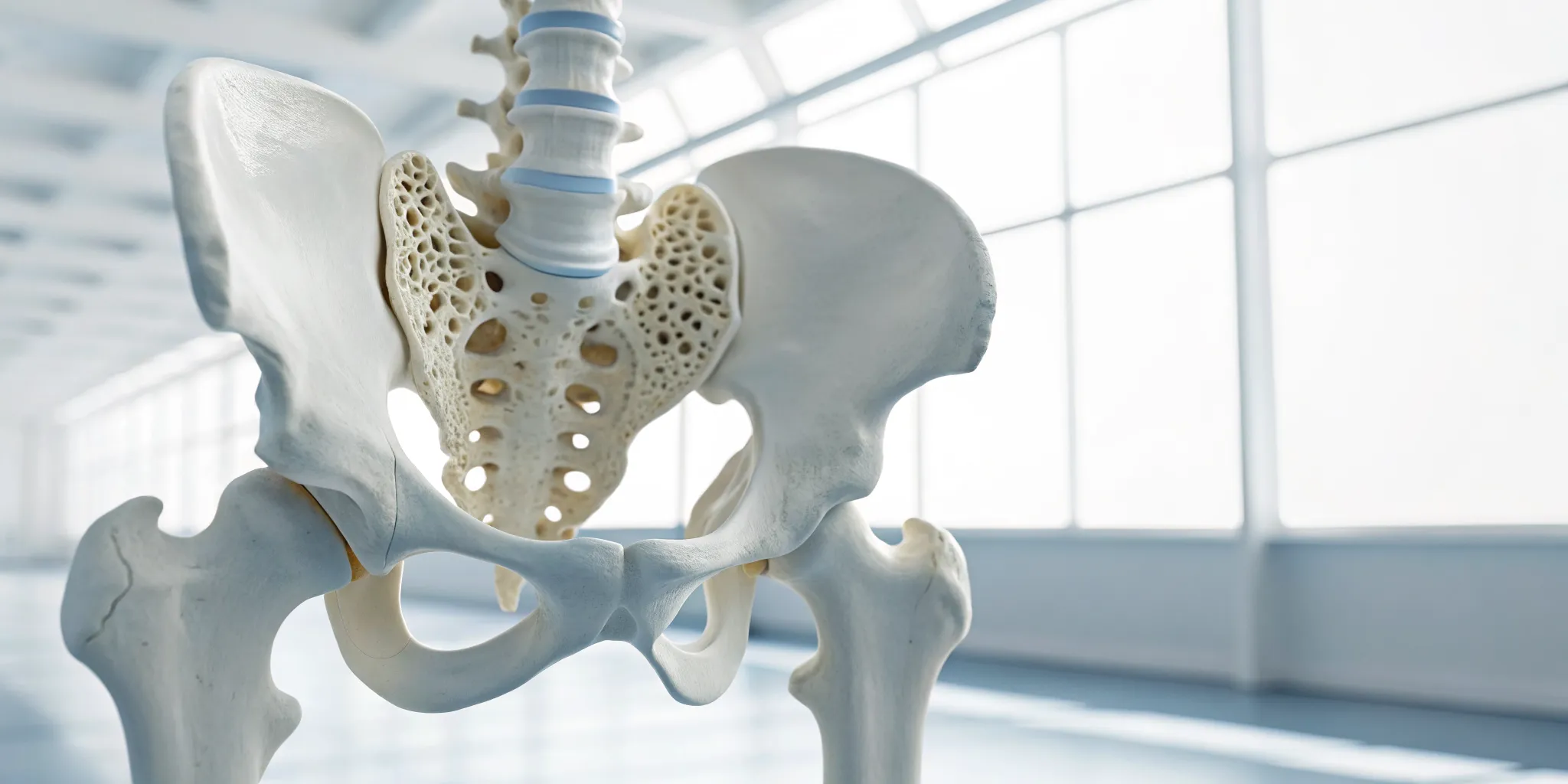 Model of a human pelvic bone showing the internal structure measured by a bone density test.