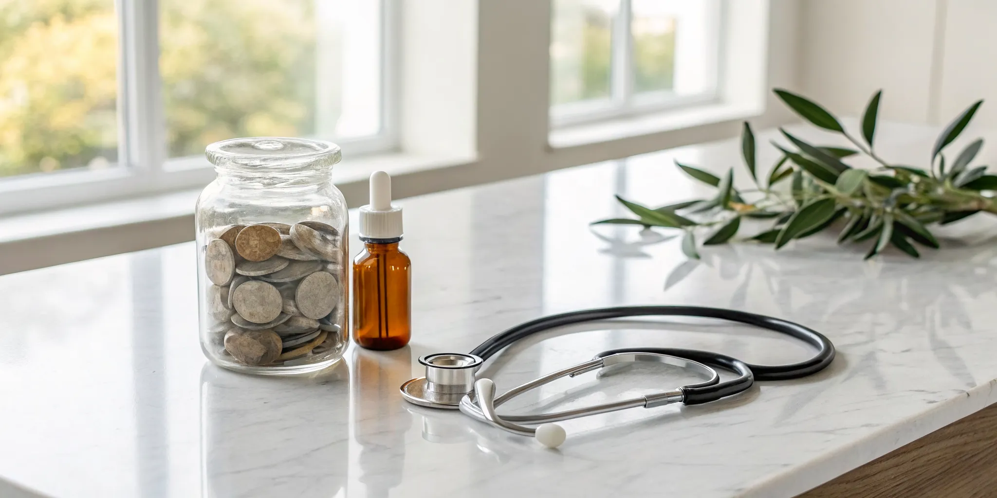 A stethoscope and jar of coins showing how much functional medicine doctors cost.