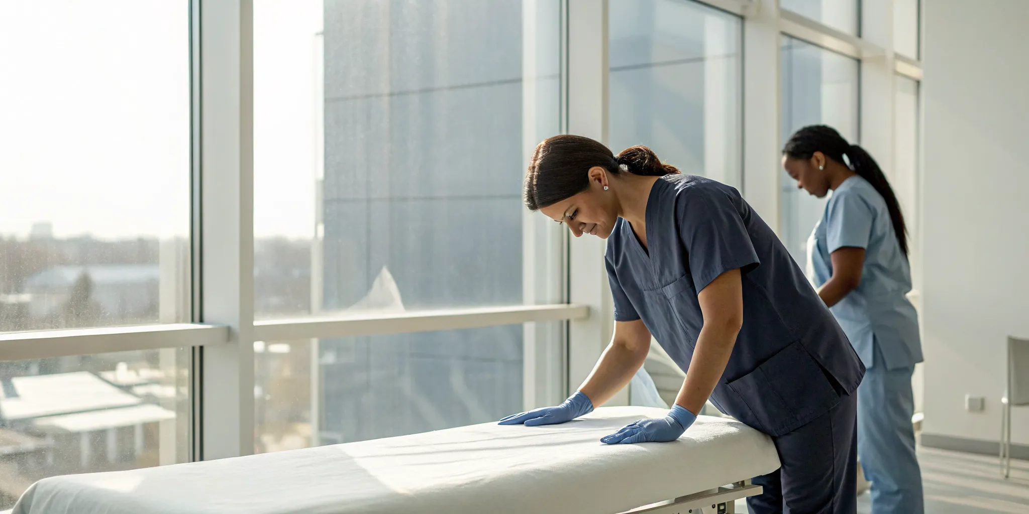A trained practitioner in a clinic preparing for a safe Graston technique treatment.