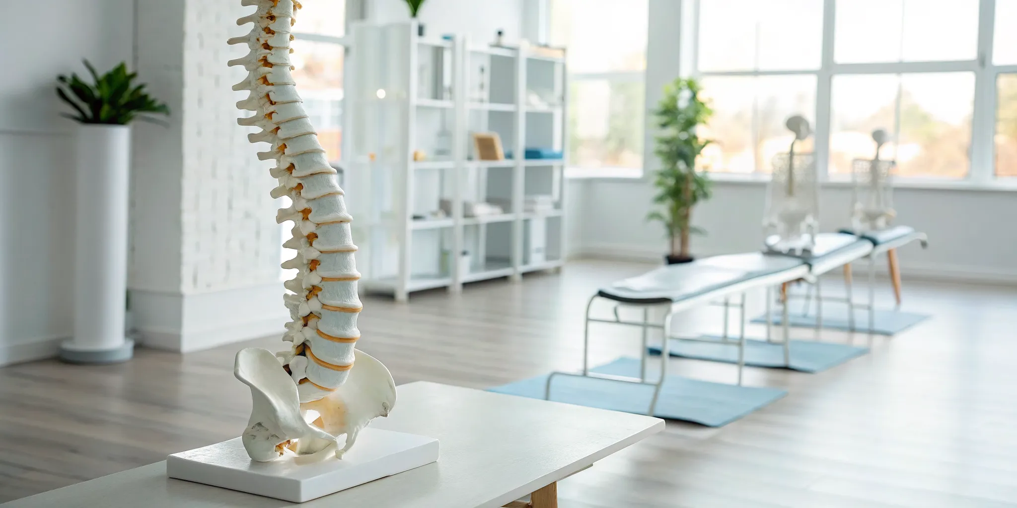 A therapist applies manual therapy techniques to a lumbar spine model.