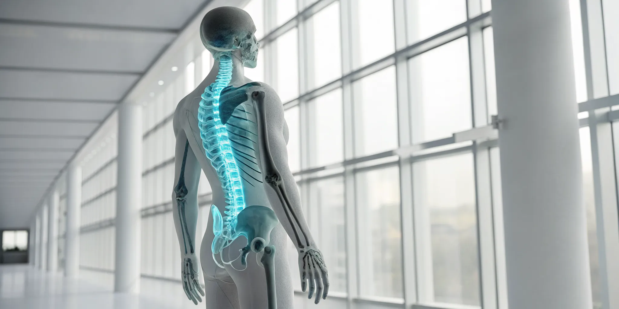 A skeleton's highlighted spine and pelvis, central to integrative spine and pelvic health.