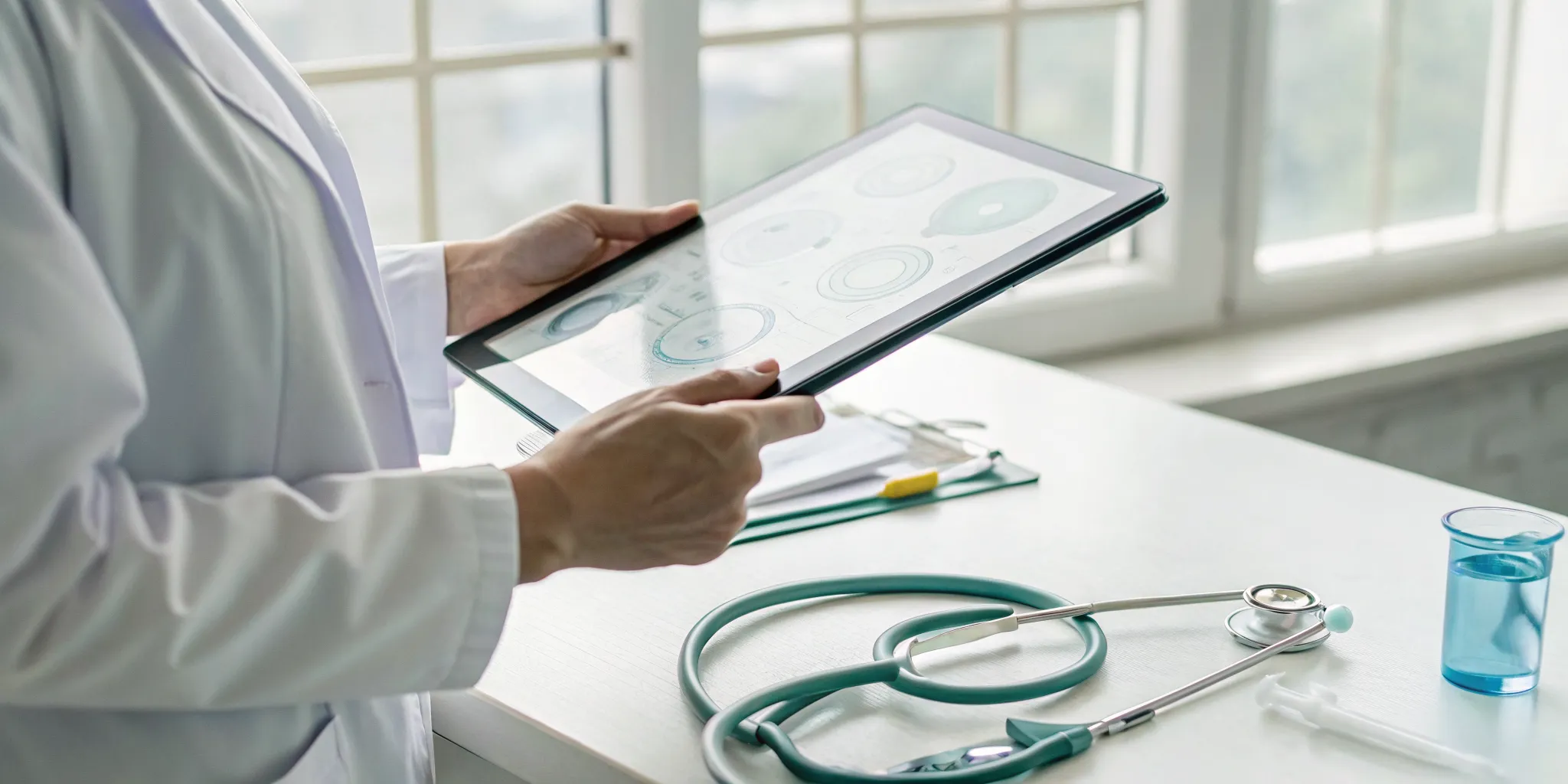 Doctor analyzing a comprehensive functional medicine panel on a tablet for a patient.