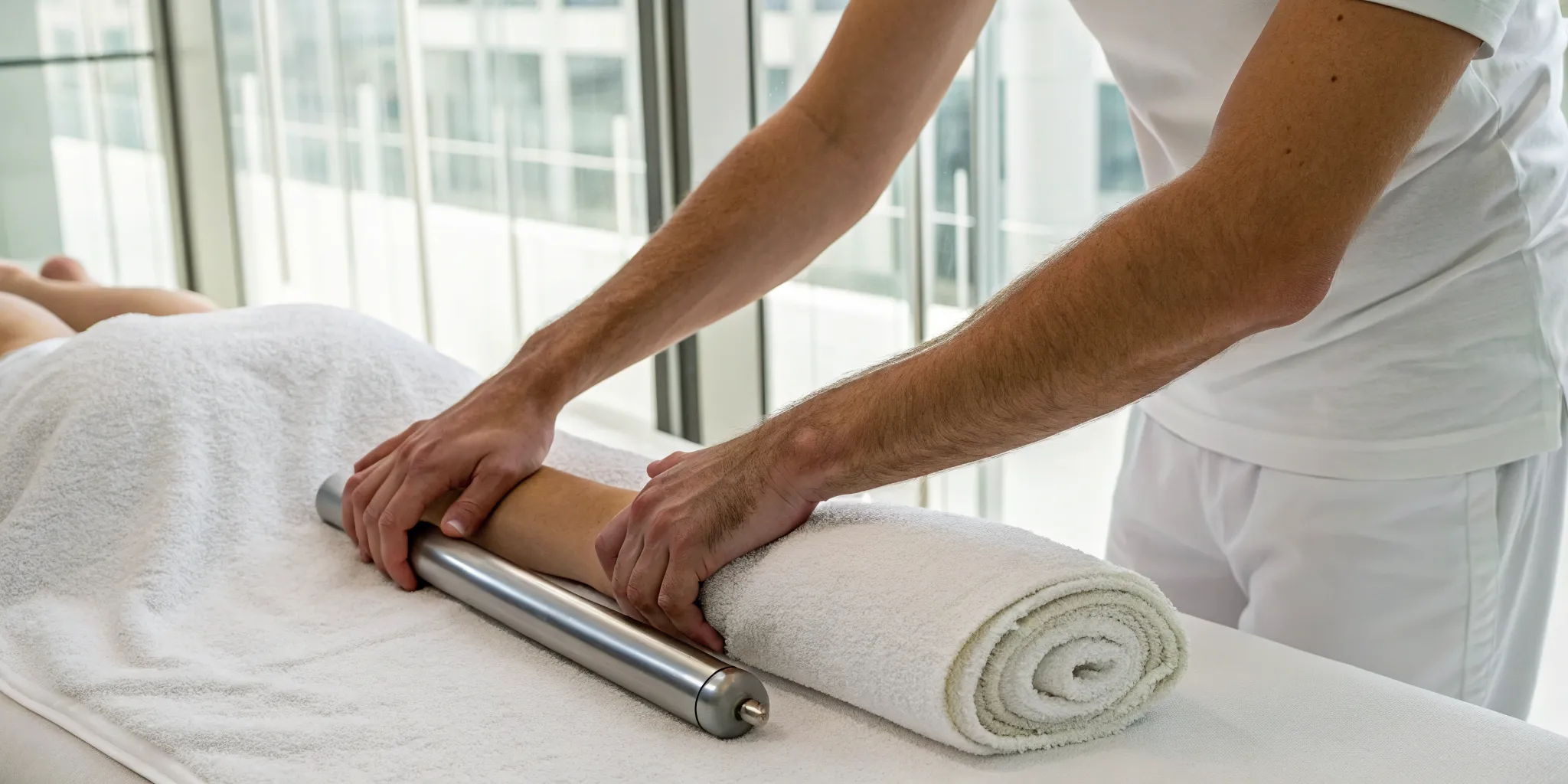 Graston myofascial release on an arm with a specialized tool for pain relief.