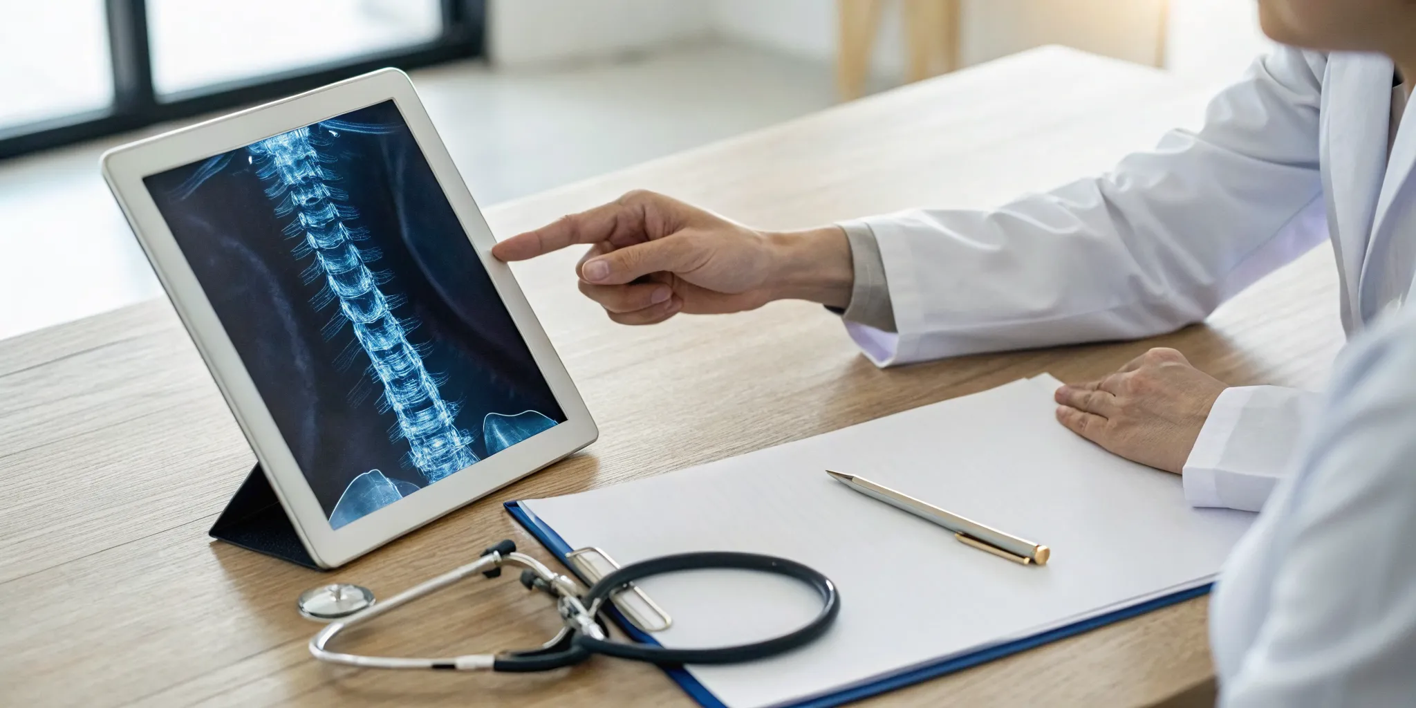 Doctor reviewing a spinal x-ray to see if spinal decompression is covered by insurance.