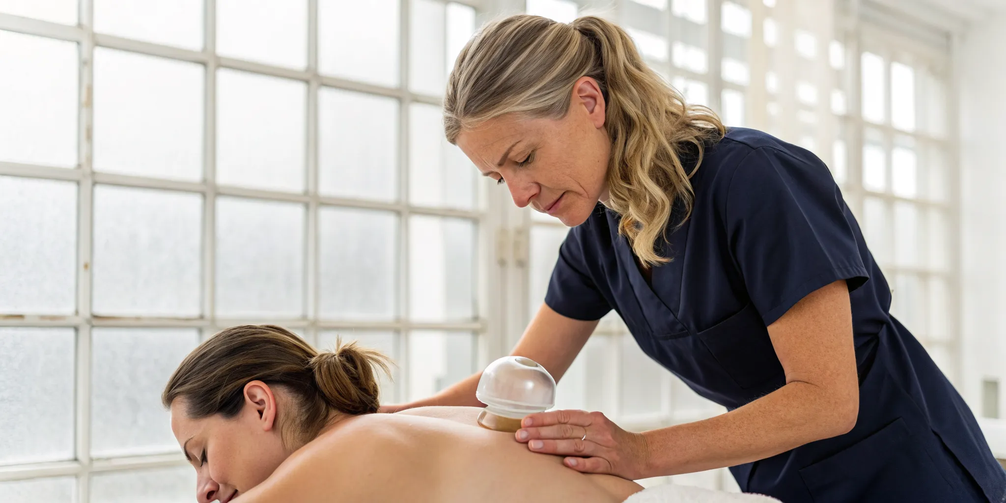 Myofascial decompression technique applied to a client's back with a suction cup.
