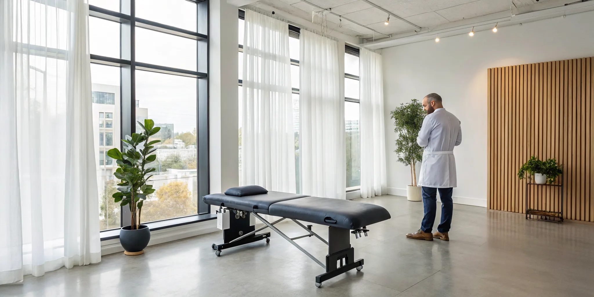 A doctor of chiropractic stands by a treatment table, ready to begin a patient's wellness plan.