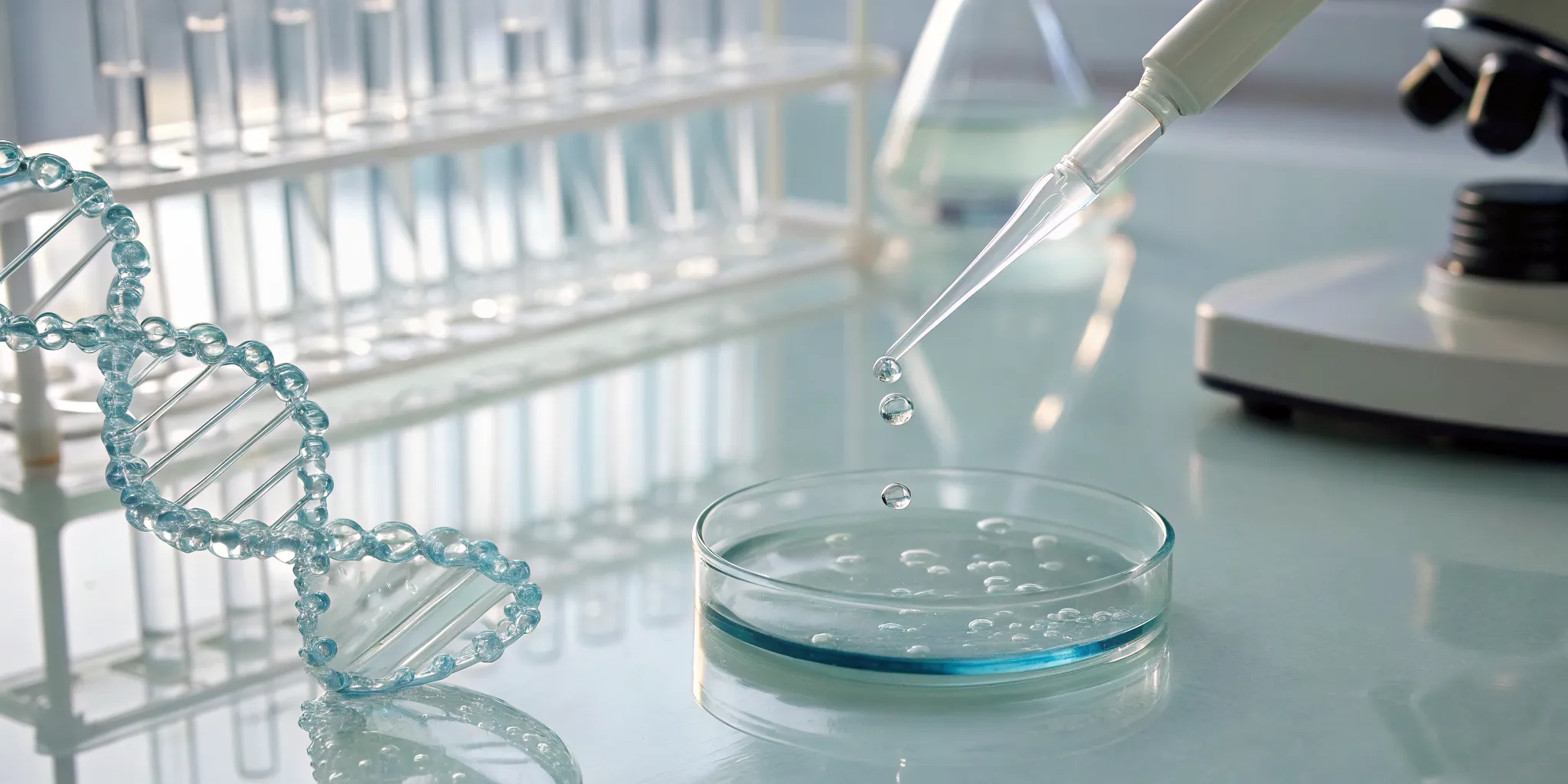 A DNA model and lab equipment for science-backed anti-aging medicine.