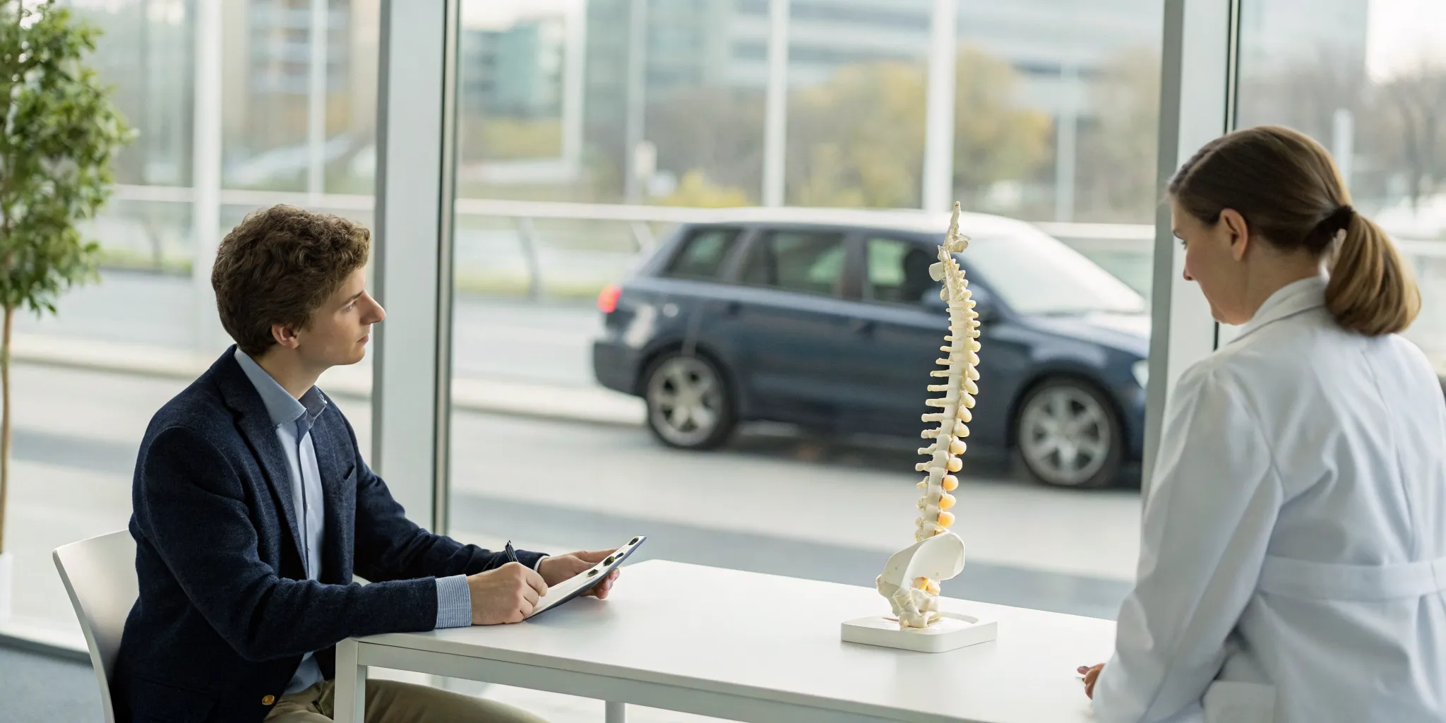 Doctor explains causes of back pain after a car accident with a spine model.