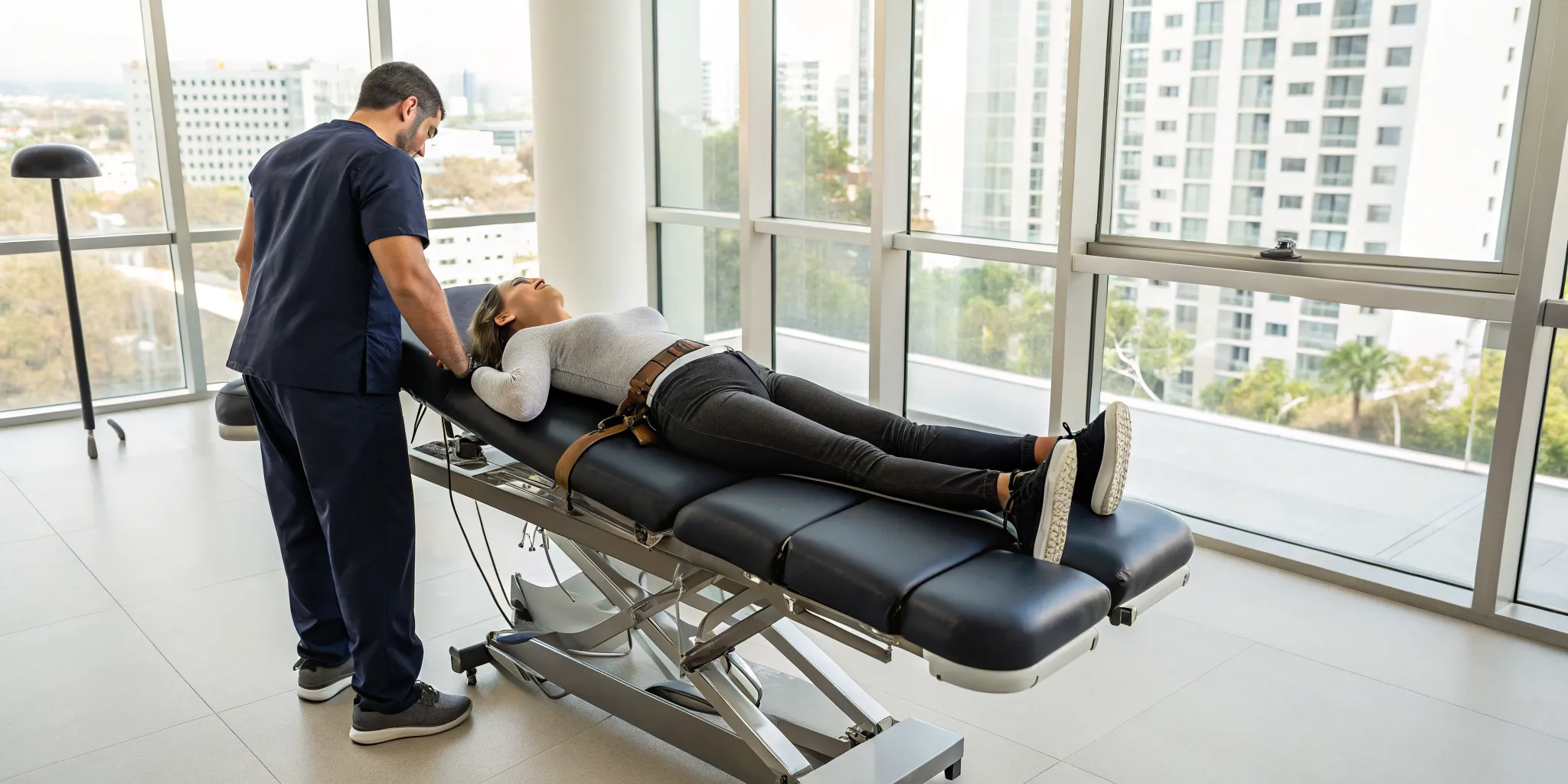 Patient receiving spinal decompression therapy for sciatica in Tampa, FL.