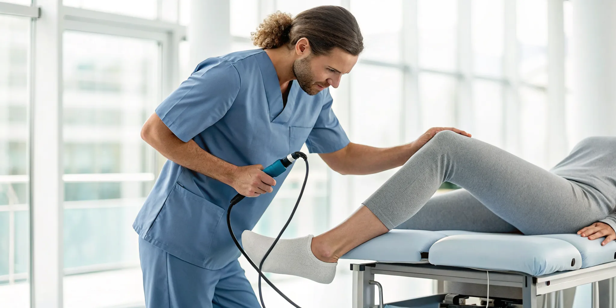 A therapist applies SoftWave therapy to a patient's knee to reduce pain and inflammation.