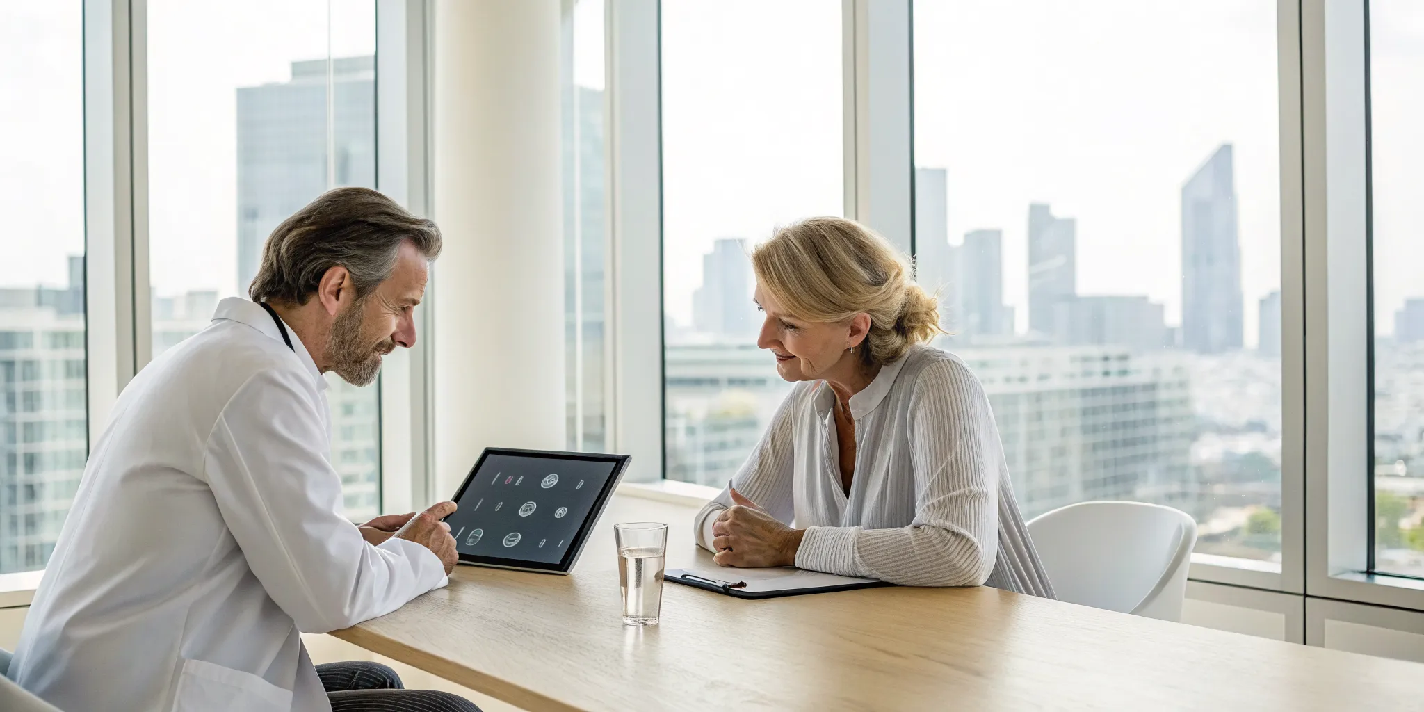 Doctor and patient reviewing a health plan from a longevity concierge membership.
