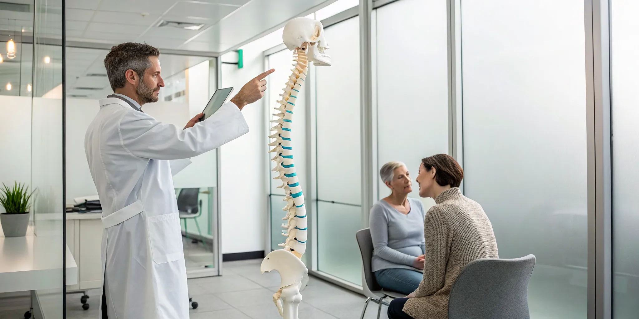 Doctor with a spine model discussing the best candidates for spinal decompression.