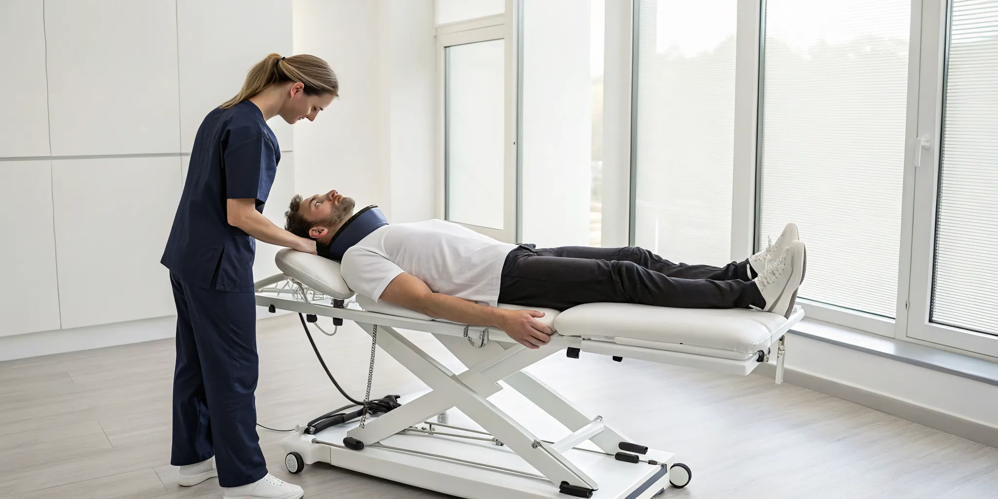 A patient receives professional cervical traction therapy for neck pain relief.