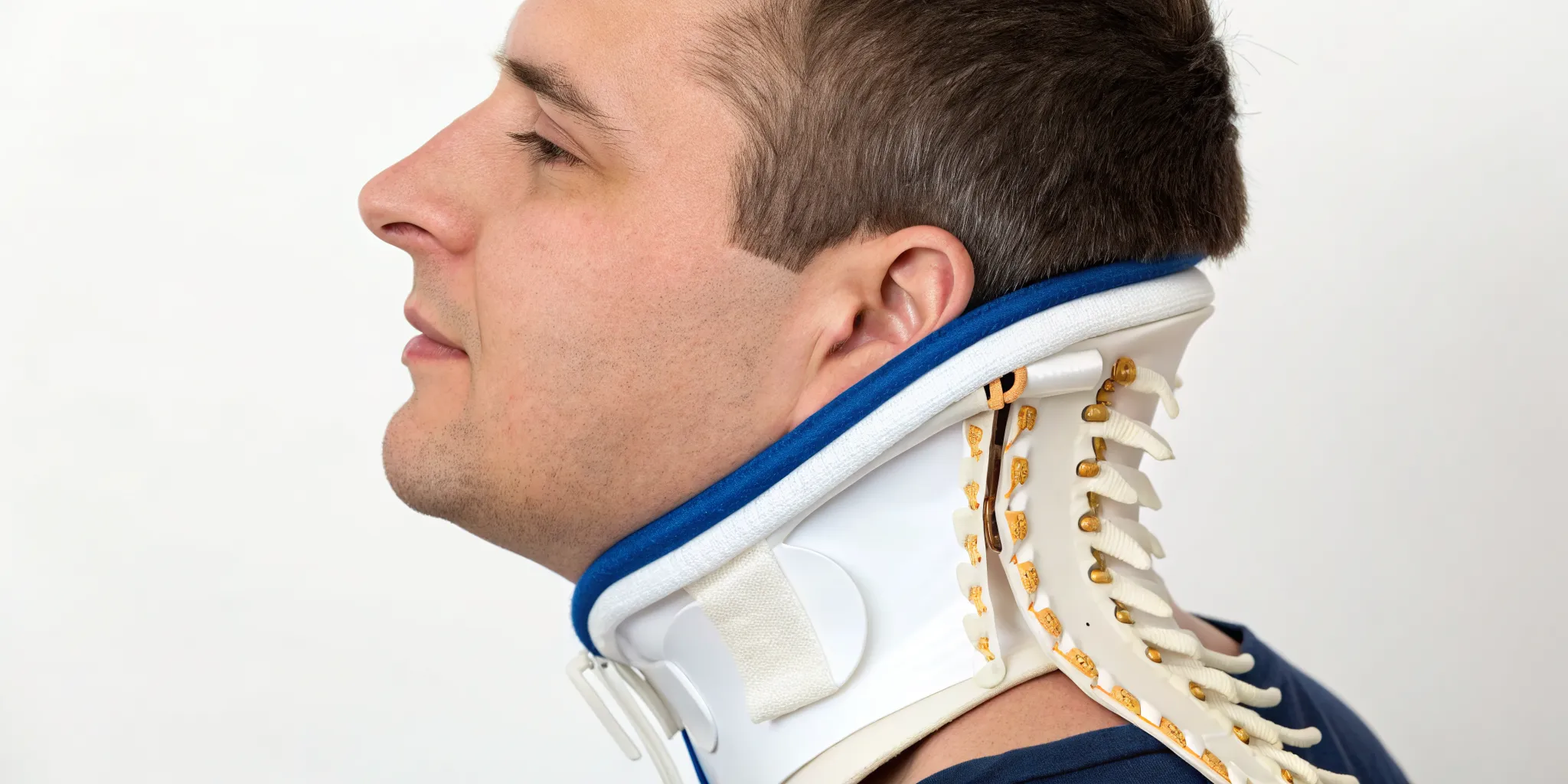 Man using cervical traction therapy to help relieve a pinched nerve in the neck, with a spine model.