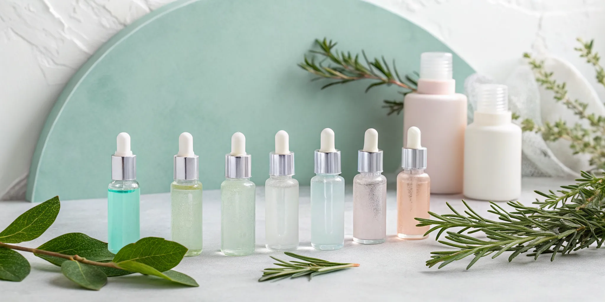 Dropper bottles of the best natural peptides for female fat loss, displayed with herbs.