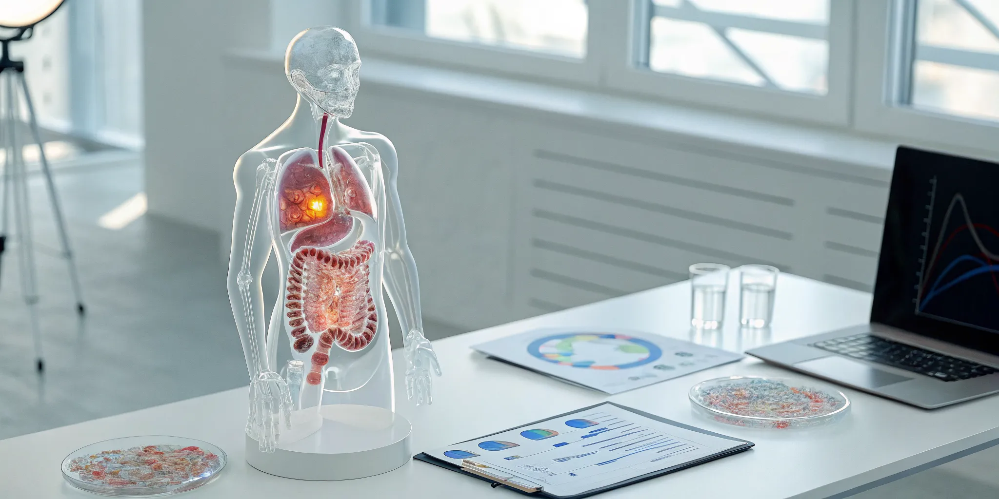 Gut health stool test panel results on a lab desk with an anatomical gut model.