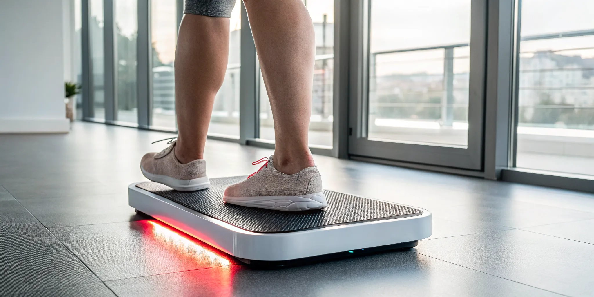Person using a vibration plate for vibration therapy to improve circulation.
