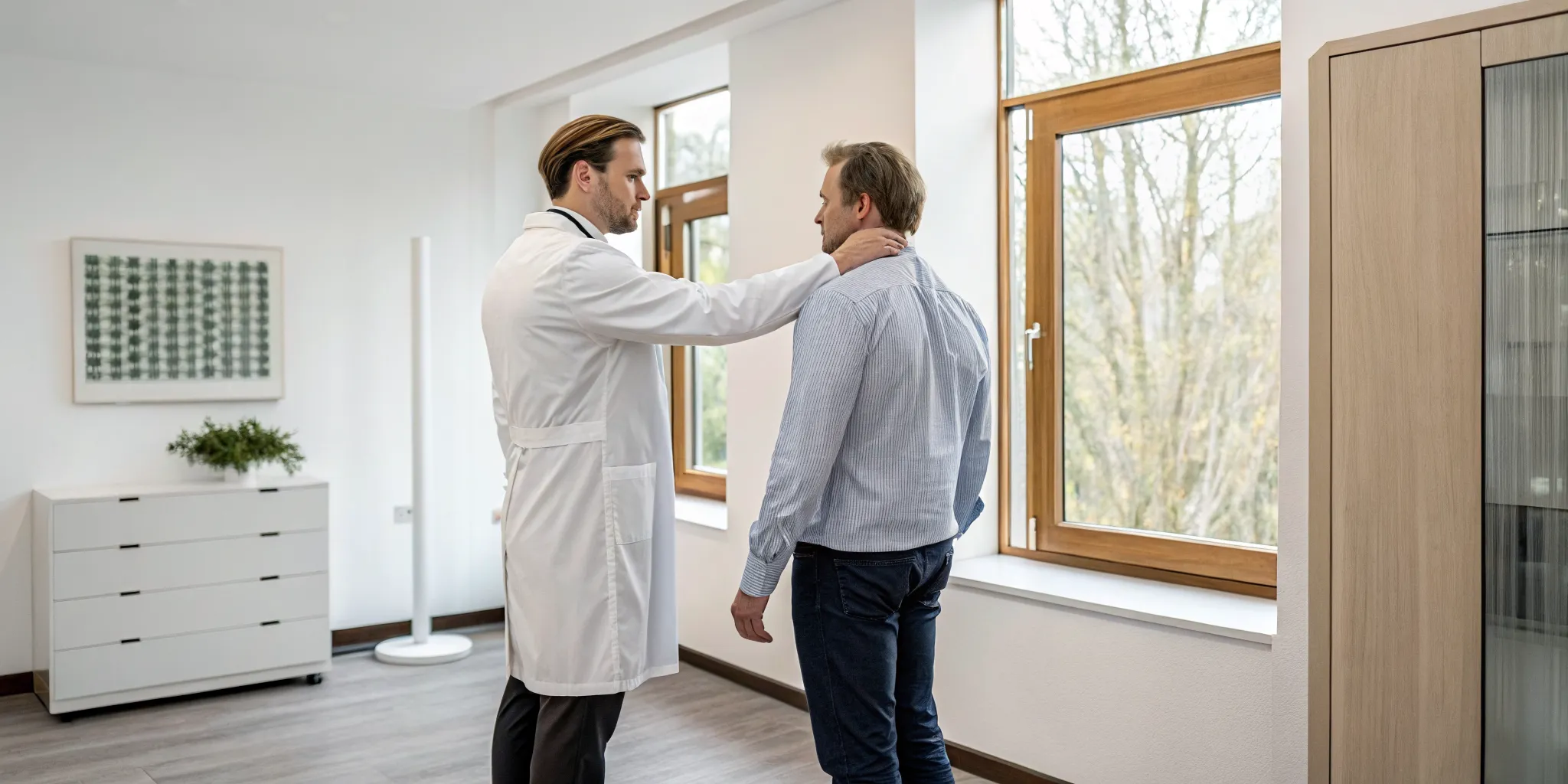 Chiropractor applying the corrective care model by assessing a patient's spinal alignment.