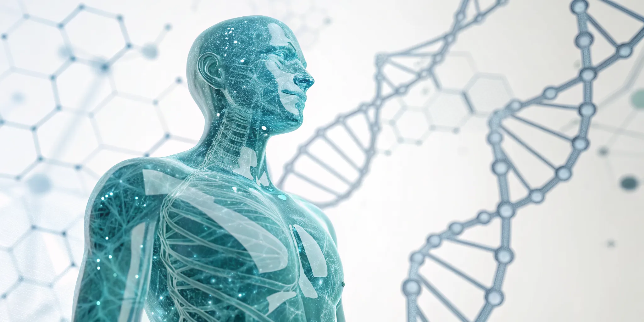 Digital human body and DNA showing how biomarkers act as a guide to your body's health data.