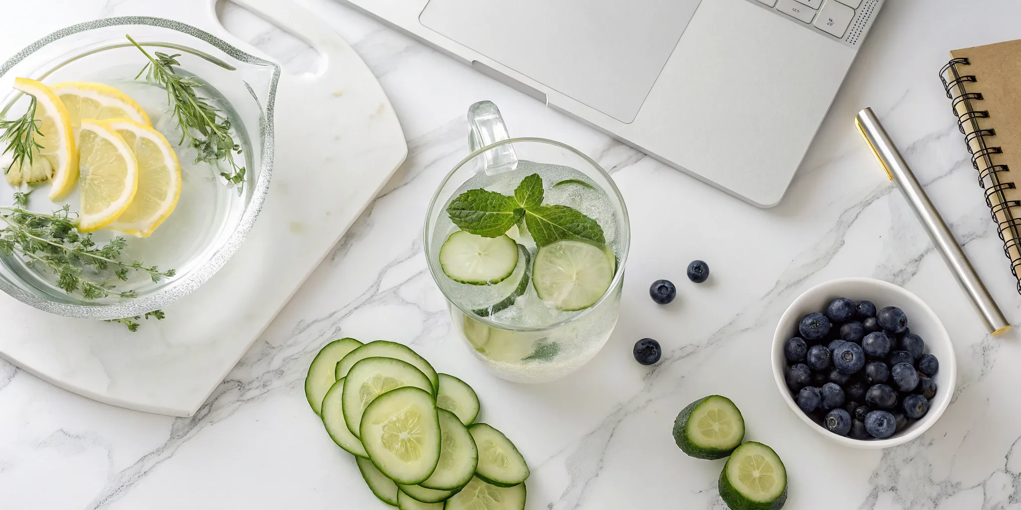 Cucumber lemon water, blueberries, and a laptop for a detoxification protocol.