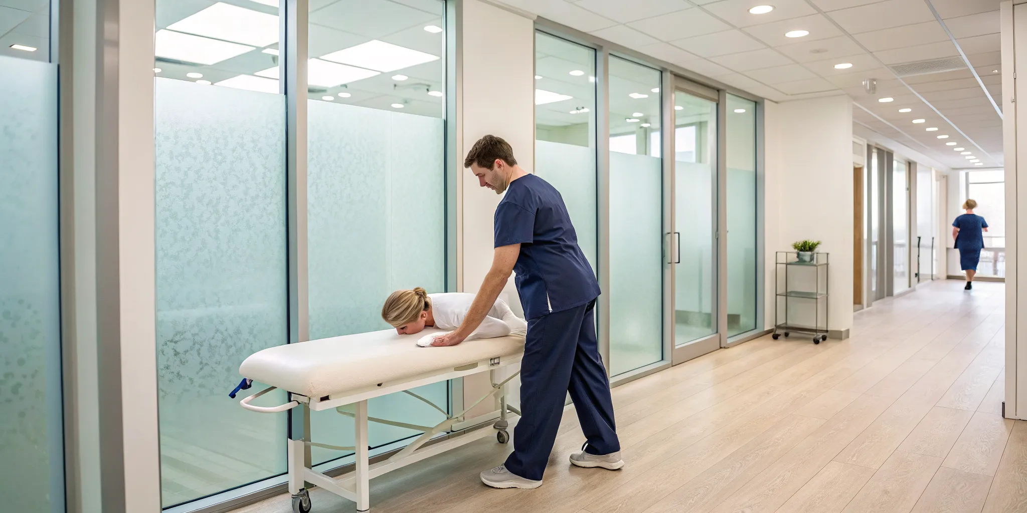 Physical therapist performing SoftWave therapy on a patient.
