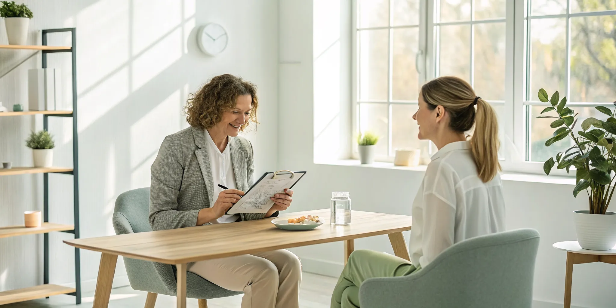 A practitioner and client during a functional health consultation reviewing a personalized wellness plan.