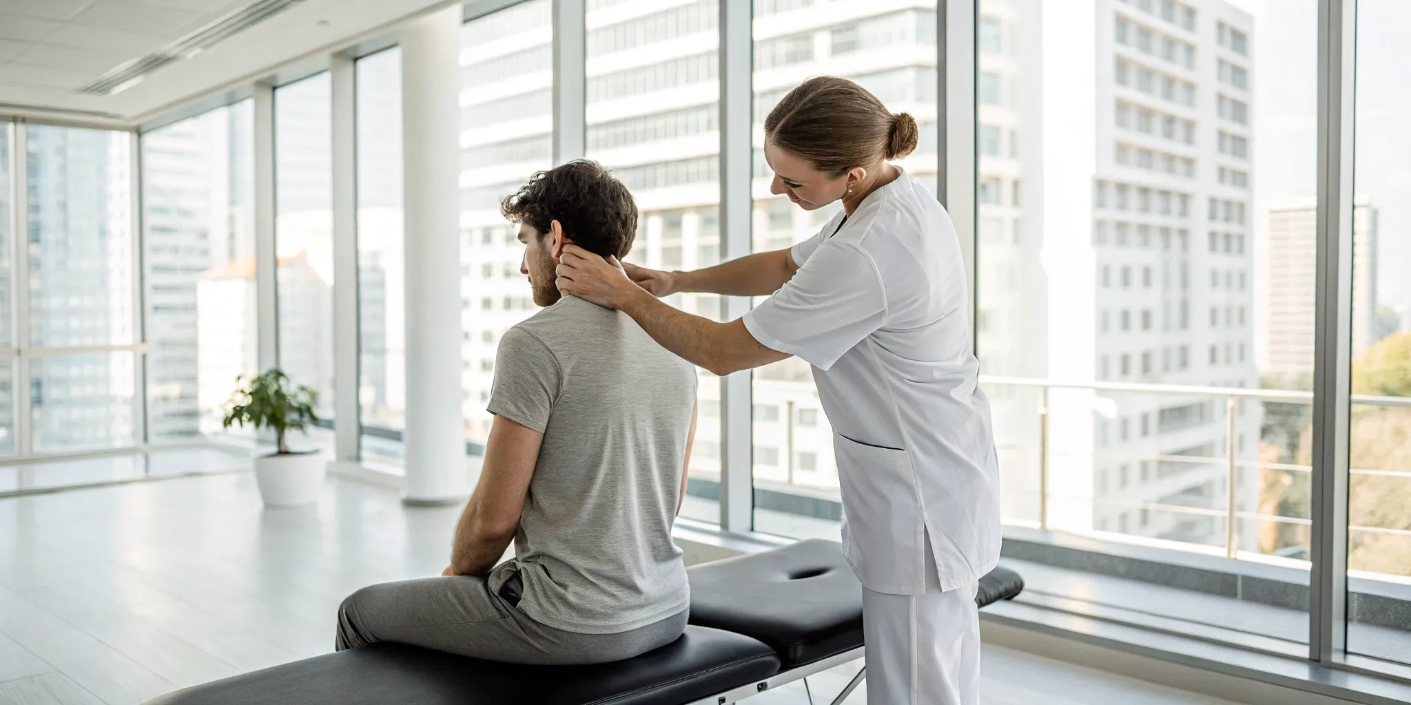 Car accident chiropractor examining a man's neck for an injury.