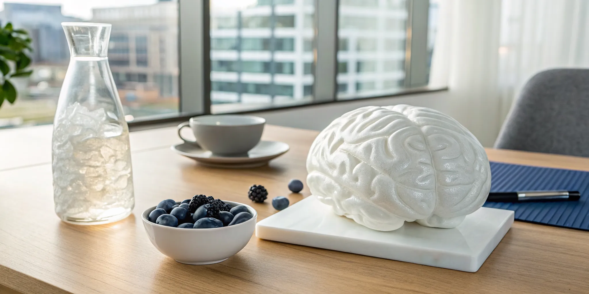 A bowl of berries and water next to a brain model for improving brain health.