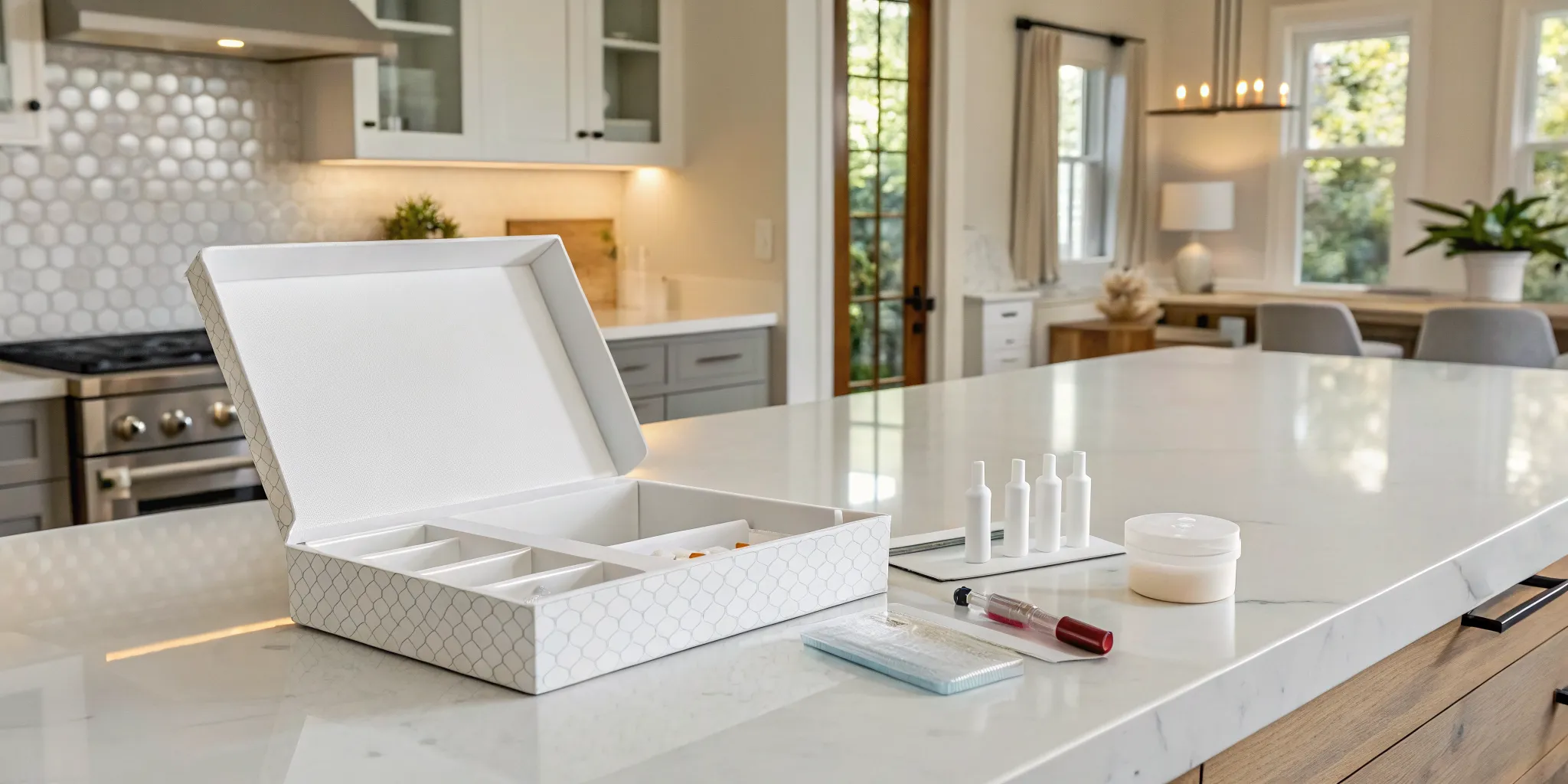 At-home hormone testing kit with sample collection tools.