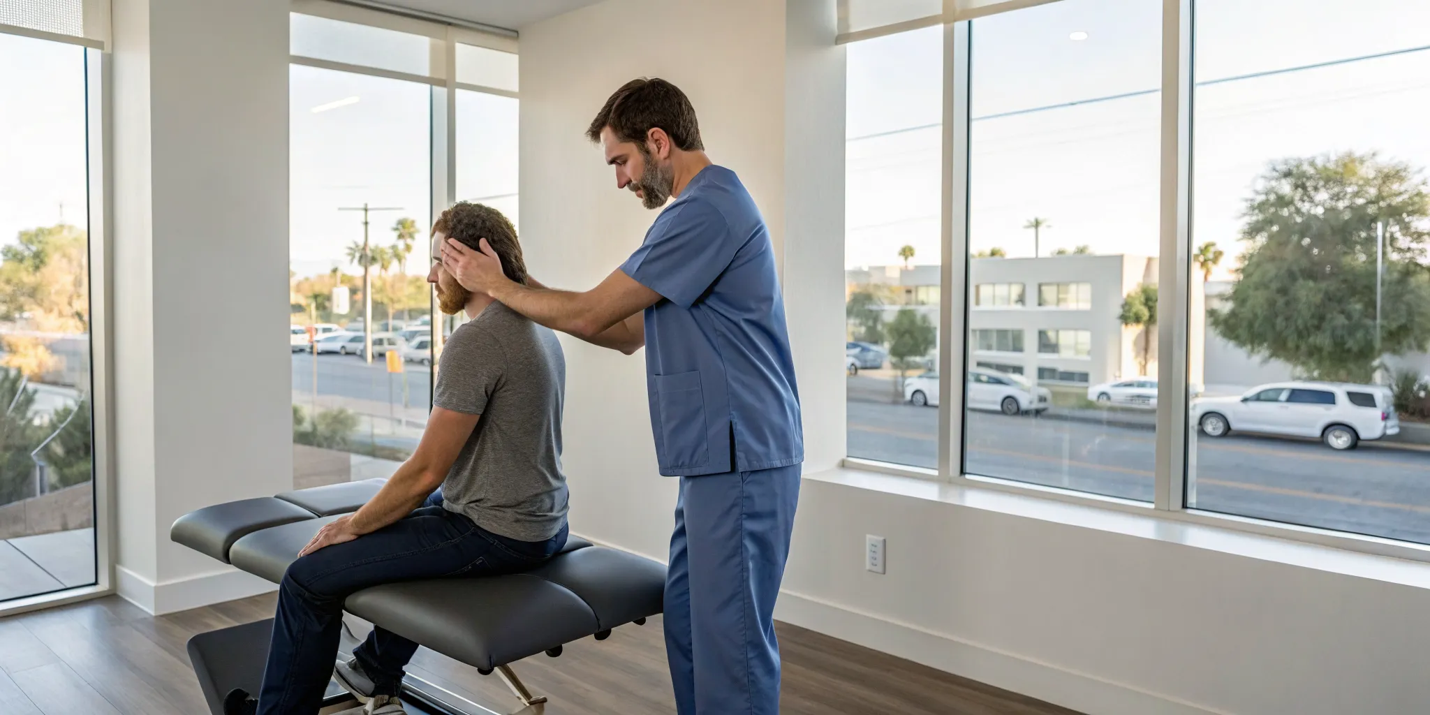 Chiropractor providing care for a car accident injury with a neck adjustment.