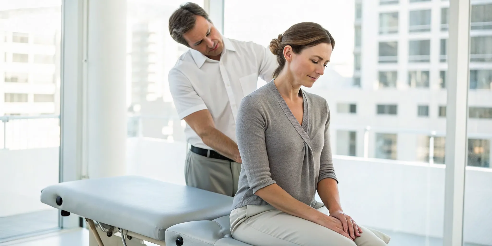 Chiropractor performing a neck adjustment for tension headache relief.