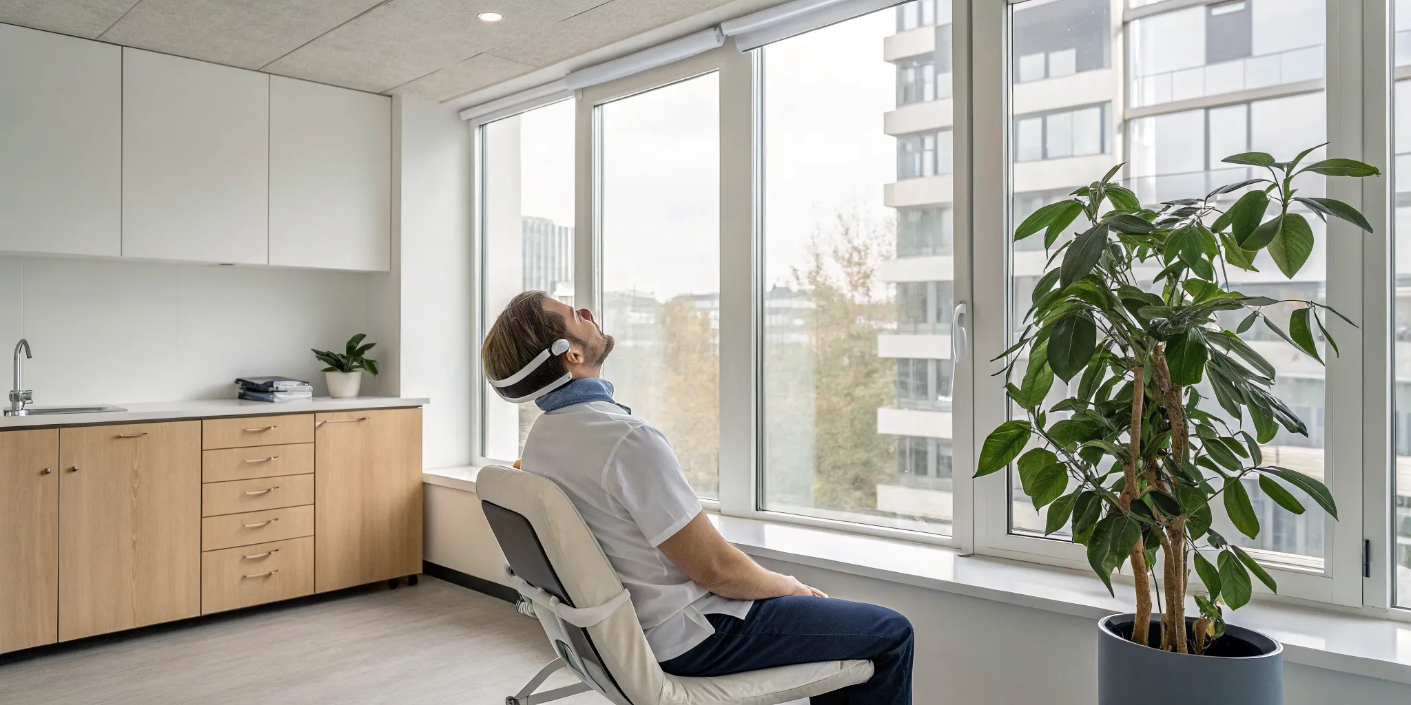 Man receiving cervical traction treatment for neck pain.