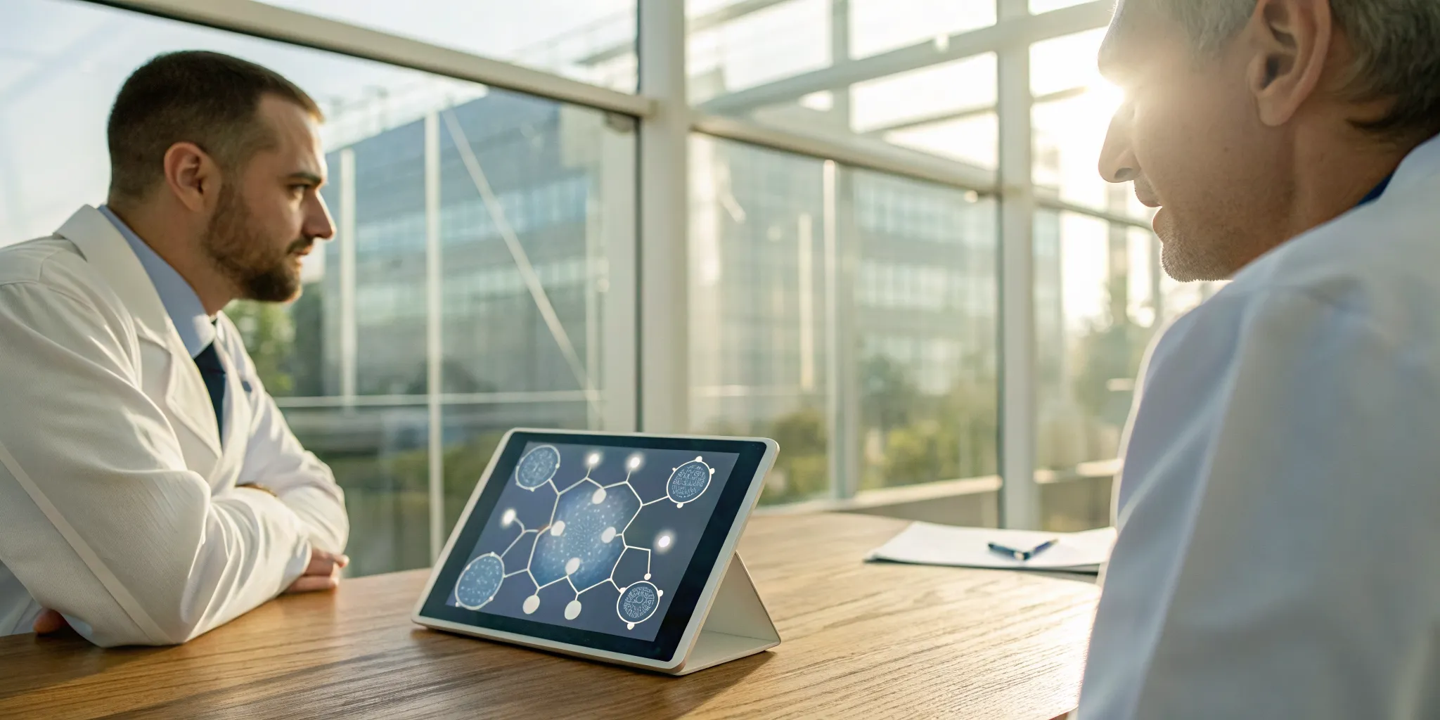 An autoimmune root cause analysis consultation with a doctor reviewing a patient's health data.