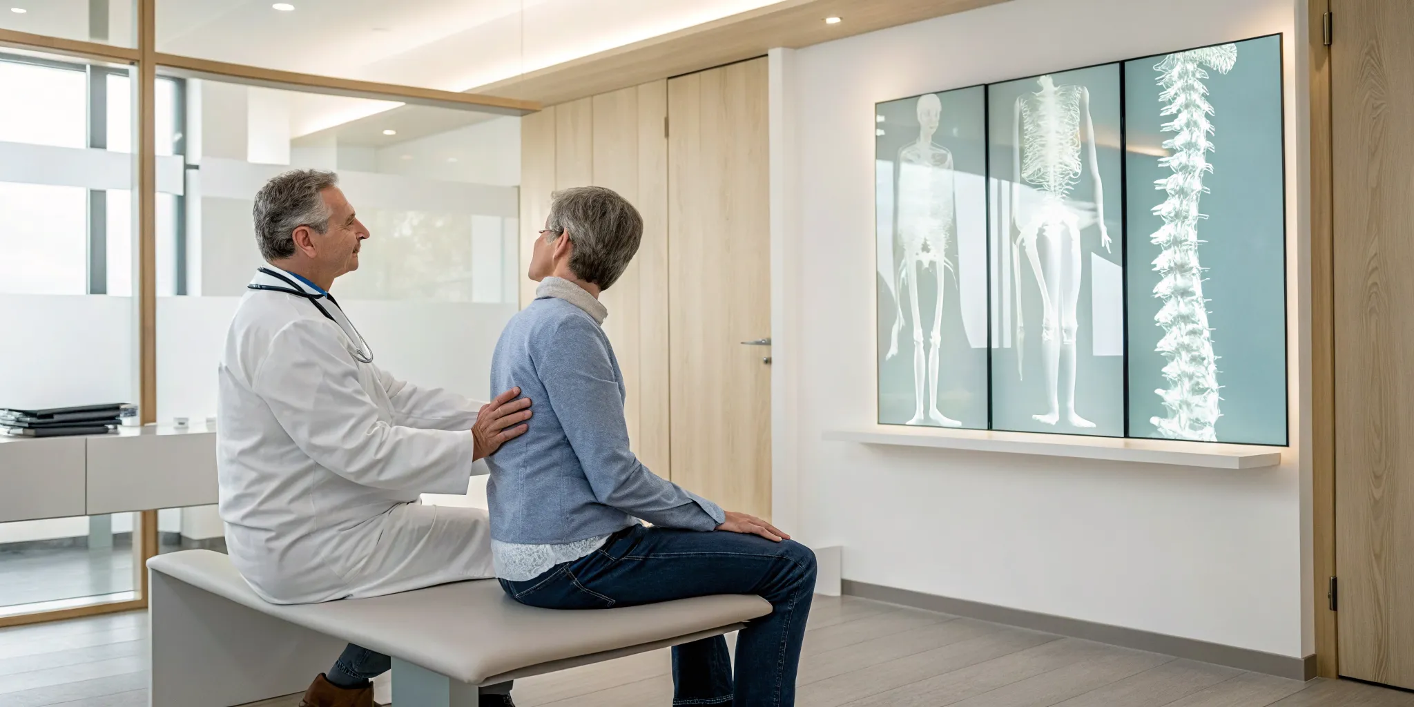 Doctor reviews X-rays with a patient during a consultation to find the root cause of sciatica.