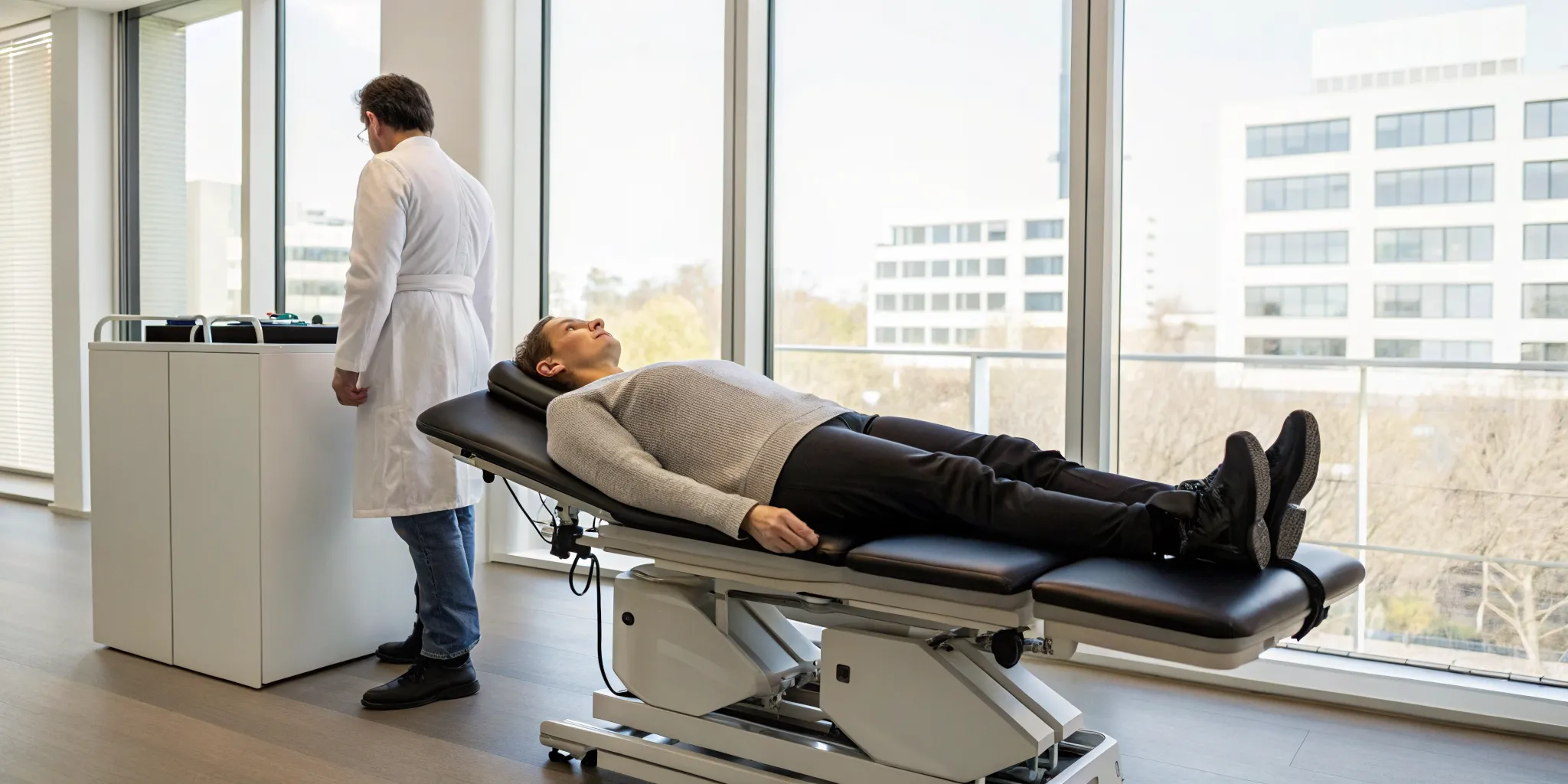 Spinal decompression therapy session with a patient on a specialized table.