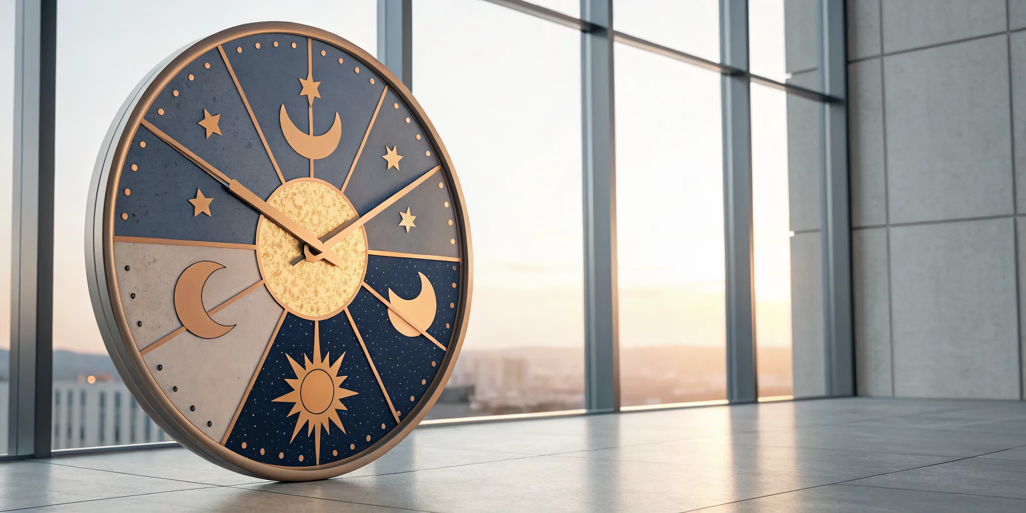 A decorative clock with sun and moon imagery symbolizing the body's circadian rhythm.
